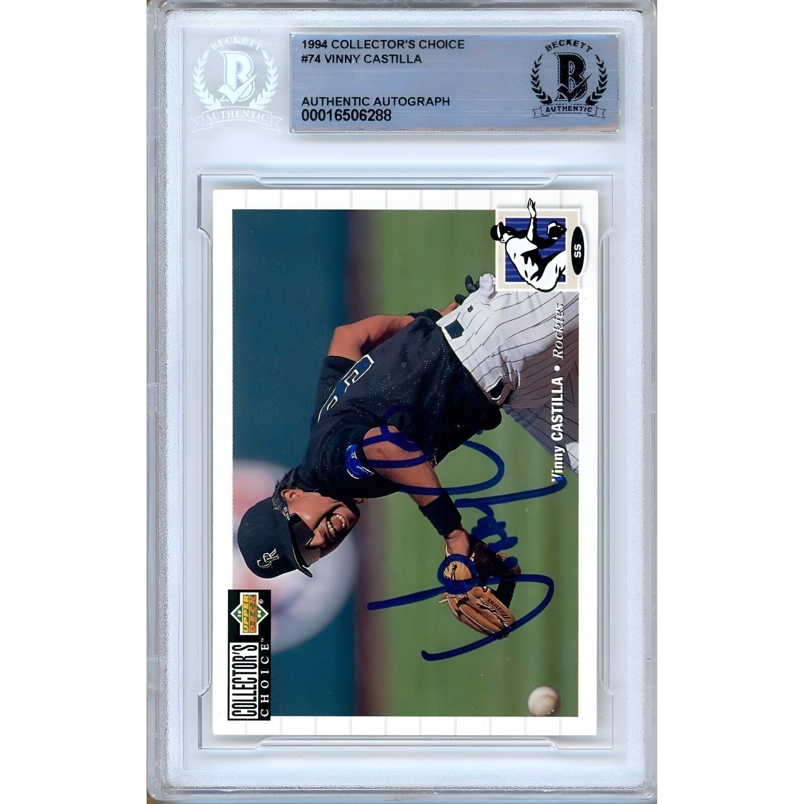 Baseballs- Autographed- Vinny Castilla Colorado Rockies Signed 1994 Upper Deck Collectors Choice Trading Card Beckett Authenticated Auto Slab Front