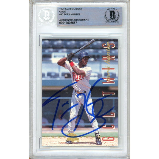 Baseballs- Autographed- Torii Hunter Minnesota Twins Signed 1994 Classic Best Gold Rookie Trading Card Beckett Authentic Auto Slab Front