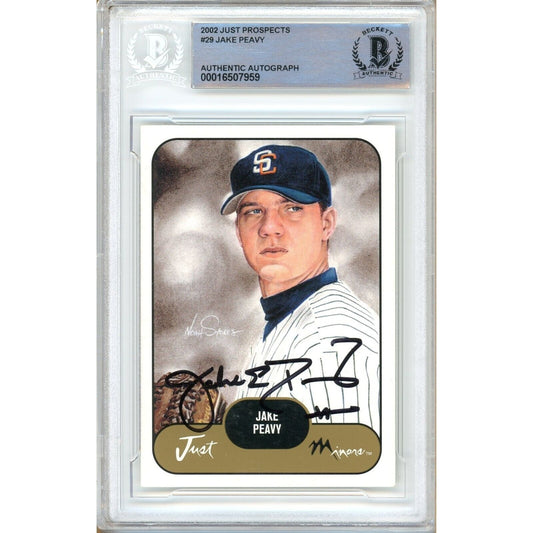 Baseballs- Autographed- Jake Peavy San Diego Padres Signed 2002 Just Prospects Rookie Baseball Card Beckett Authentic Auto Slab Front