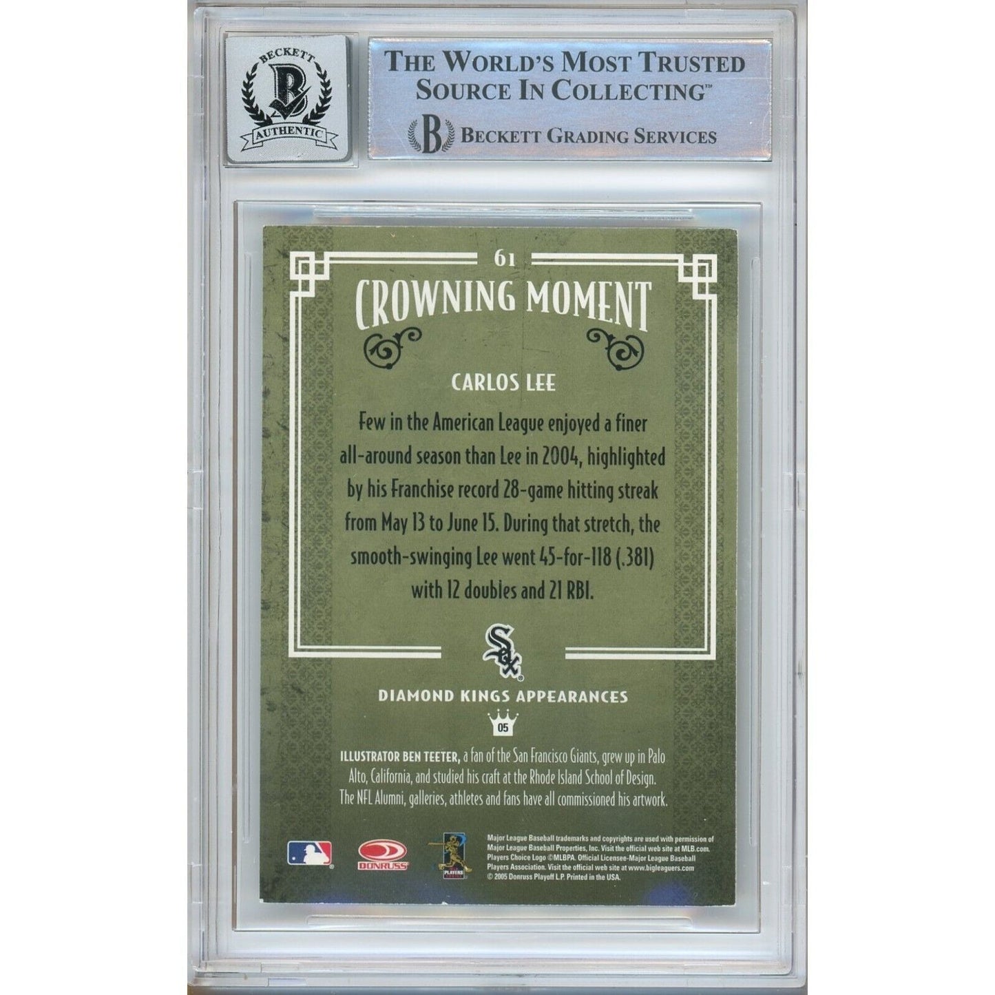 Baseballs- Autographed- Carlos Lee Chicago White Sox Signed 2005 Donruss Diamond Kings Baseball Card Beckett Authentic BGS Auto-10 Graded Slab Back