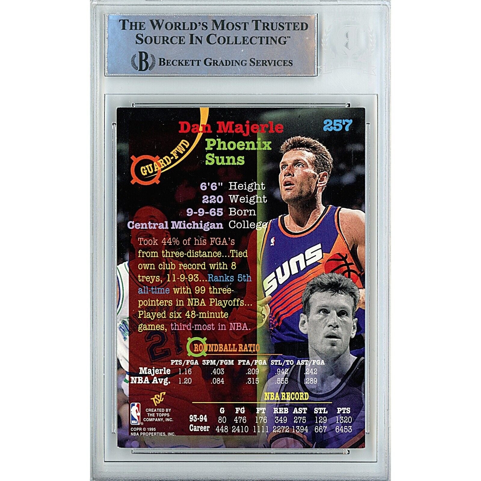 Basketballs- Autographed- Dan Majerle Phoenix Suns Signed 1994-95 Topps Stadium Club Basketball Card Beckett Authentic Auto Slab Back