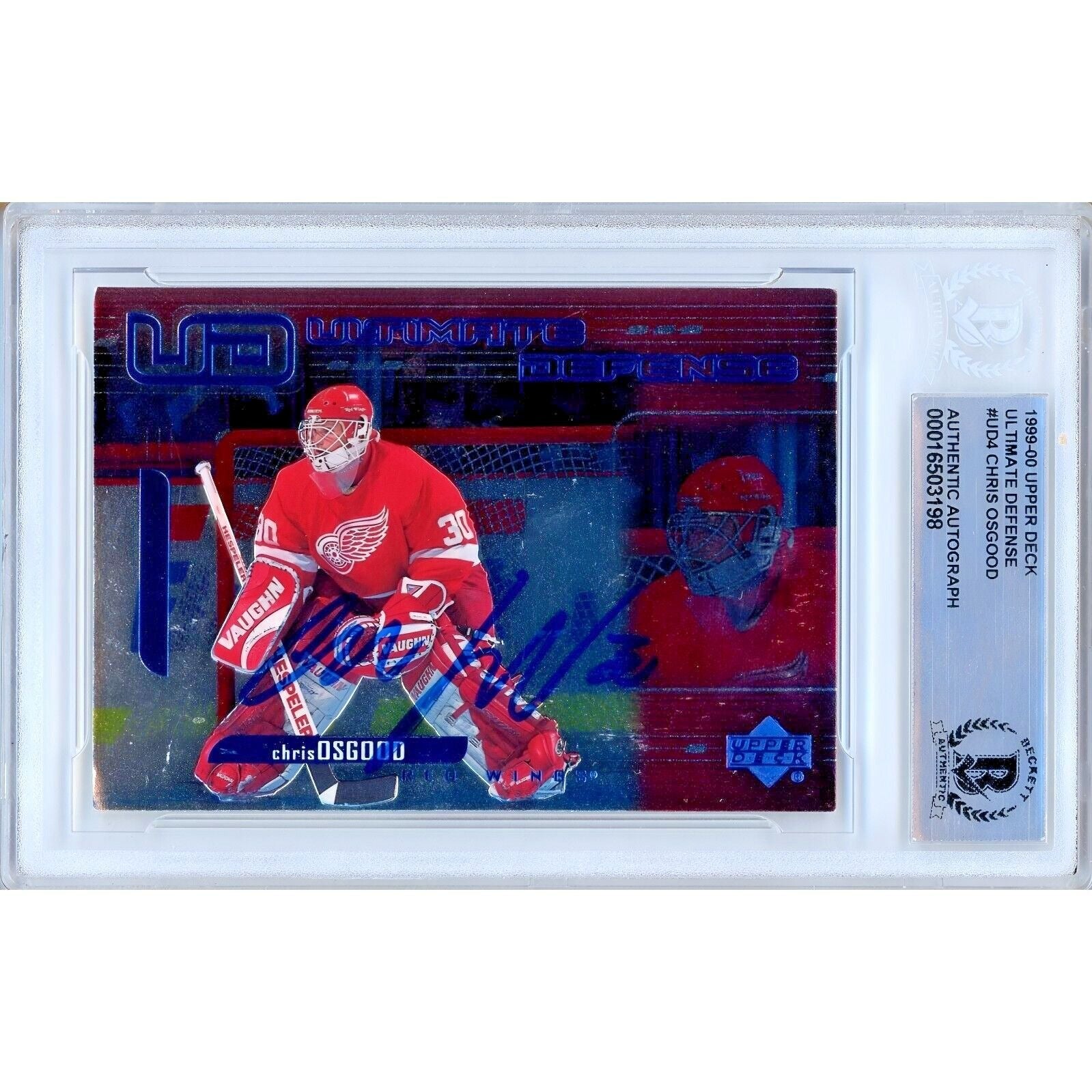 Hockey- Autographed- Chris Osgood Detroit Red Wings Signed 1999-2000 Upper Deck Ultimate Defense Hockey Card Beckett Authentic Auto Slab Front