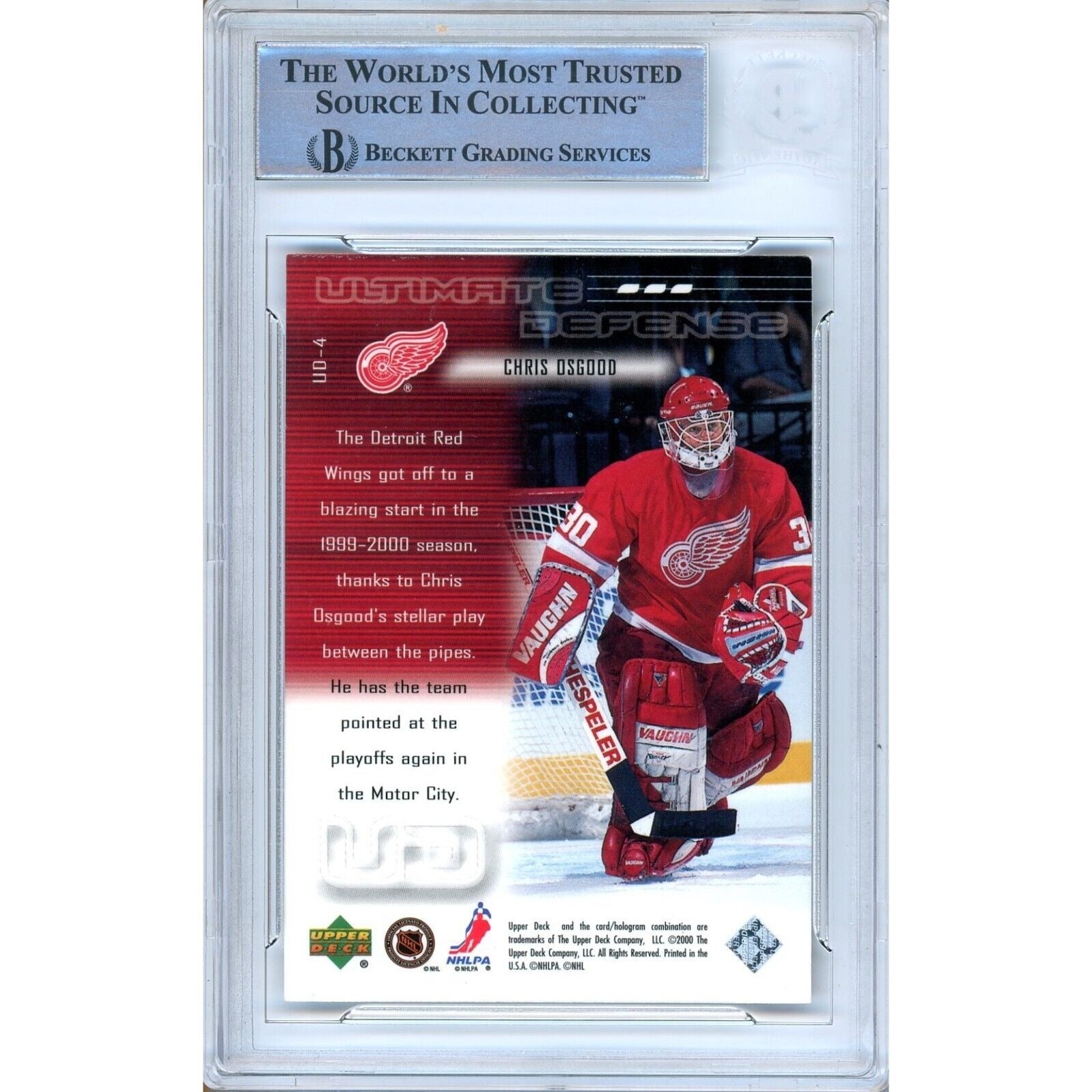 Hockey- Autographed- Chris Osgood Detroit Red Wings Signed 1999-2000 Upper Deck Ultimate Defense Hockey Card Beckett Authentic Auto Slab Back