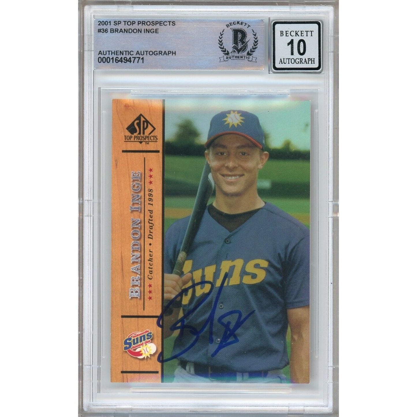 Baseballs- Autographed- Brandon Inge Detroit Tigers Signed 2001 SP Top Prospects Rookie Baseball Card Beckett Authentic BGS Auto-10 Graded Slab Front