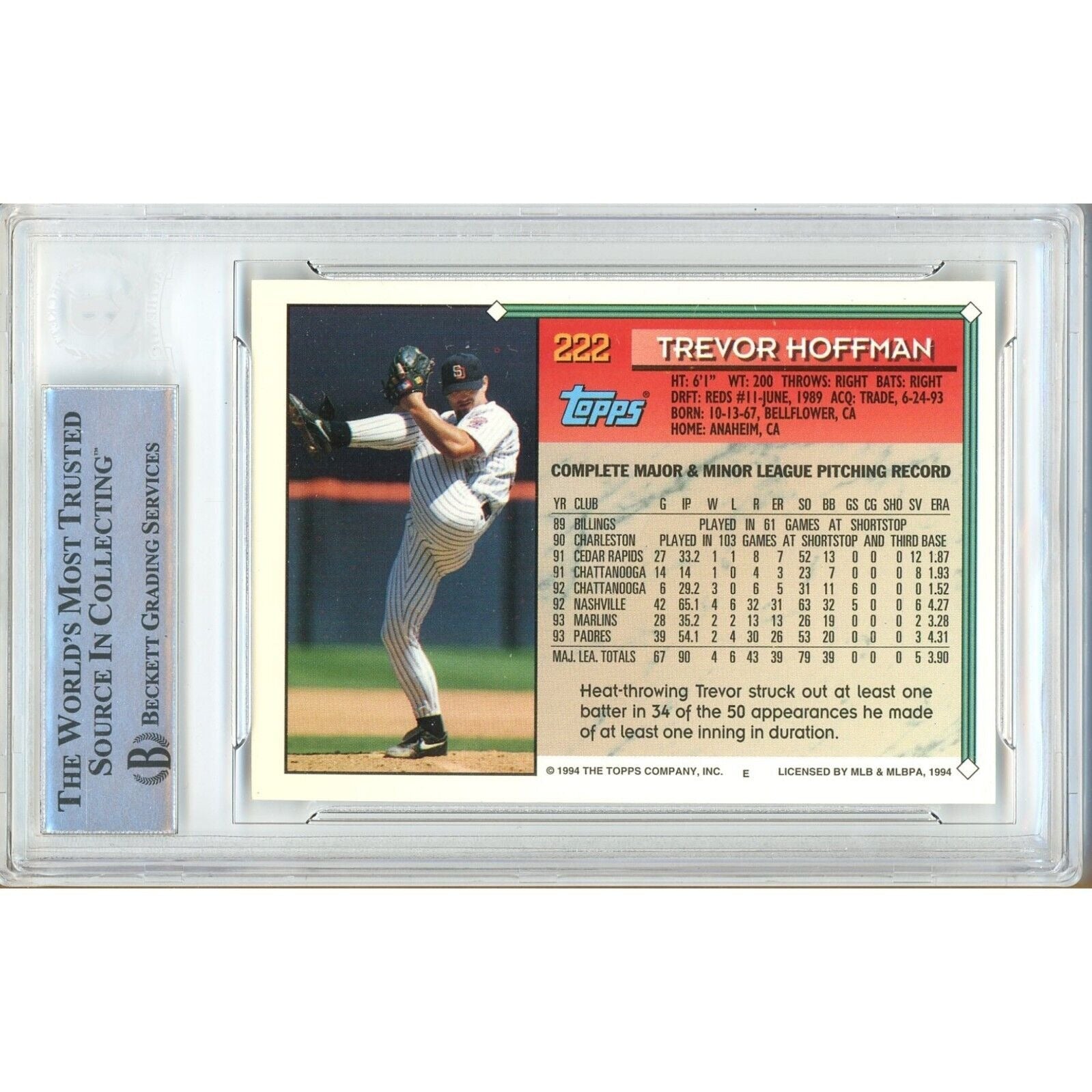 Baseballs- Autographed- Trevor Hoffman San Diego Padres Signed 1994 Topps Trading Card Beckett Authentic Auto Slab Back