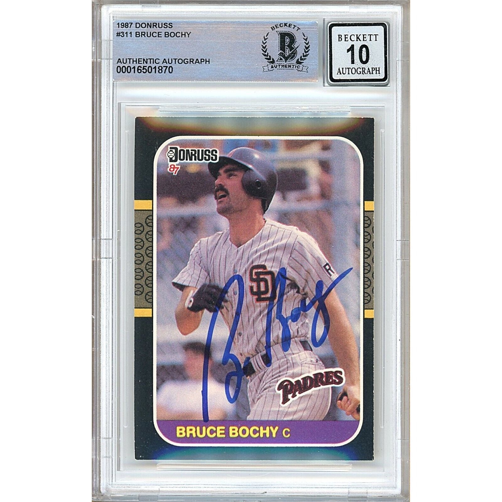 Baseballs- Autographed- Bruce Bochy San Diego Padres Signed 1987 Donruss Baseball Card Beckett Authentic BGS Auto-10 Graded Slab Front