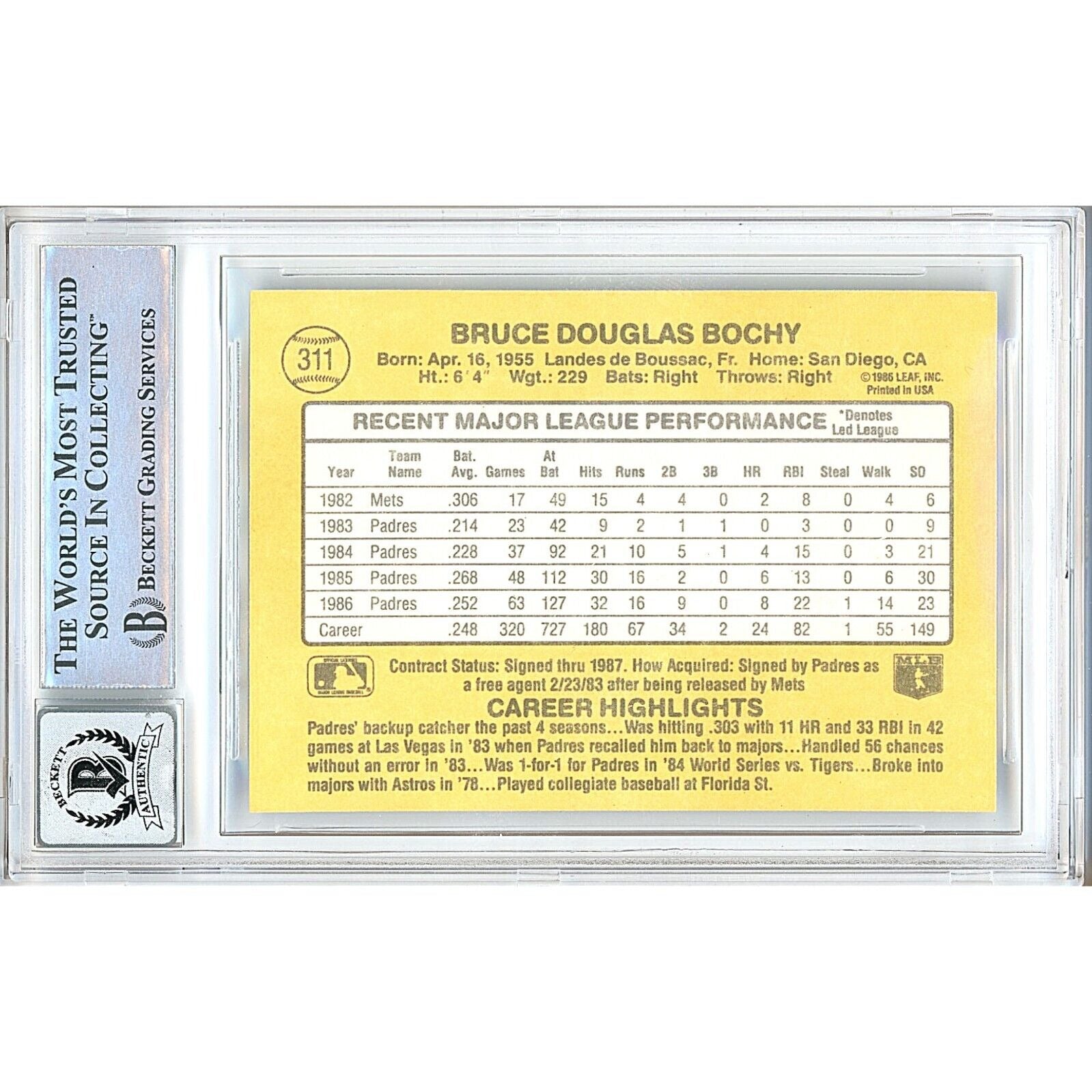 Baseballs- Autographed- Bruce Bochy San Diego Padres Signed 1987 Donruss Baseball Card Beckett Authentic BGS Auto-10 Graded Slab Back