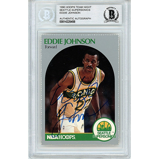 Basketballs- Autographed- Eddie Johnson Seattle SuperSonics Signed 1990 Hoops Team Night Basketball Card Beckett Authentic Auto Slab Front