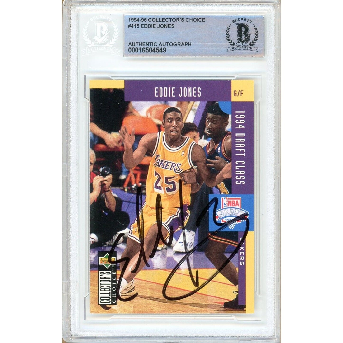 Basketballs- Autographed- Eddie Jones Los Angeles Lakers Signed 1994-95 Upper Deck Collectors Choice Rookie Basketball Card Beckett Authentic Auto Slab Front