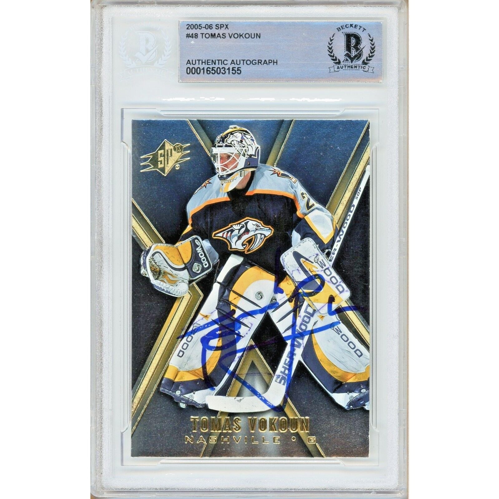 Hockey- Autographed- Thomas Vokoun Nashville Predators Signed 2005-06 Upper Deck SPx Trading Card Beckett Authentic Auto Slab Front