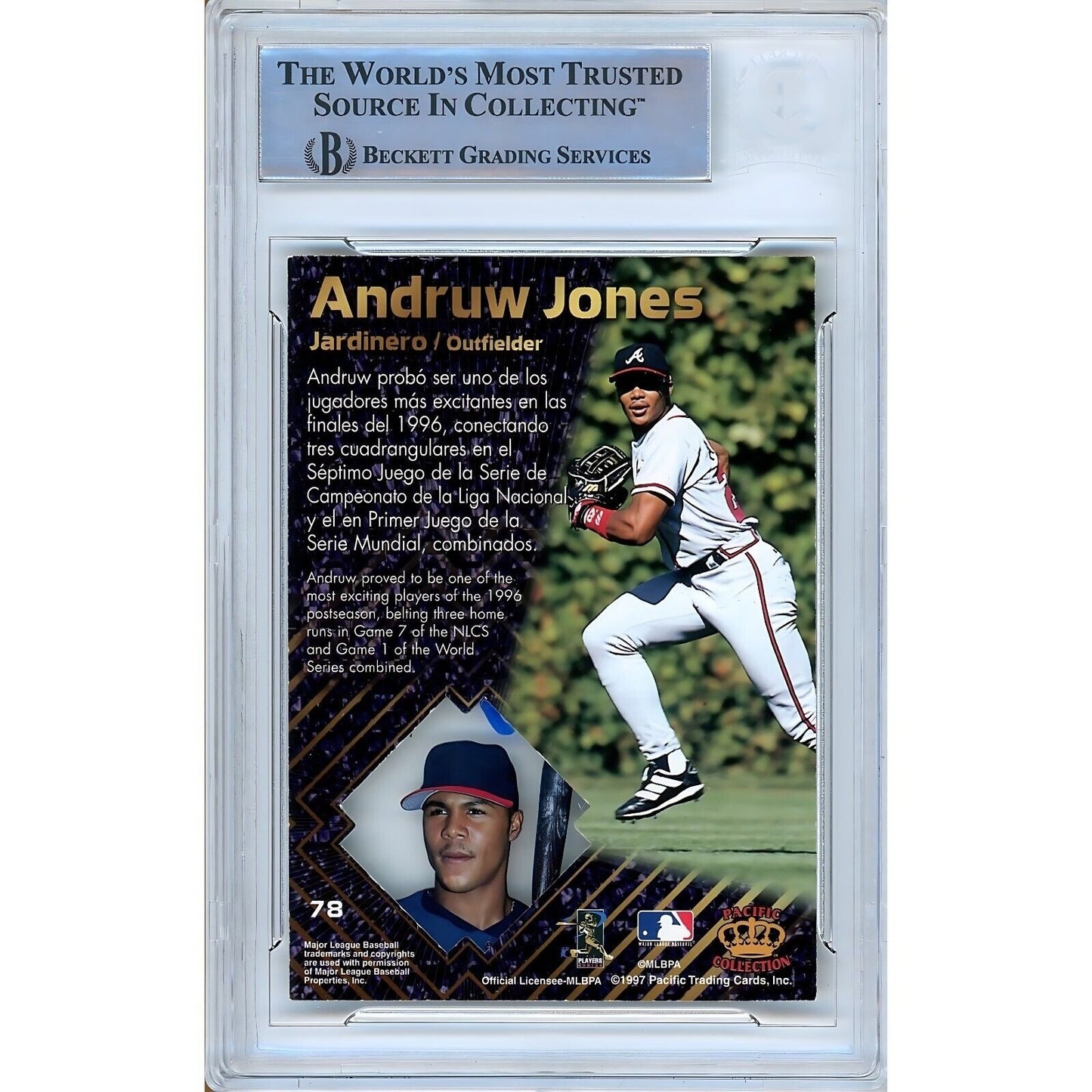 Baseballs- Autographed- Andruw Jones Atlanta Braves Signed 1997 Pacific Prisms Baseball Card Beckett Authentic Auto Slab Back