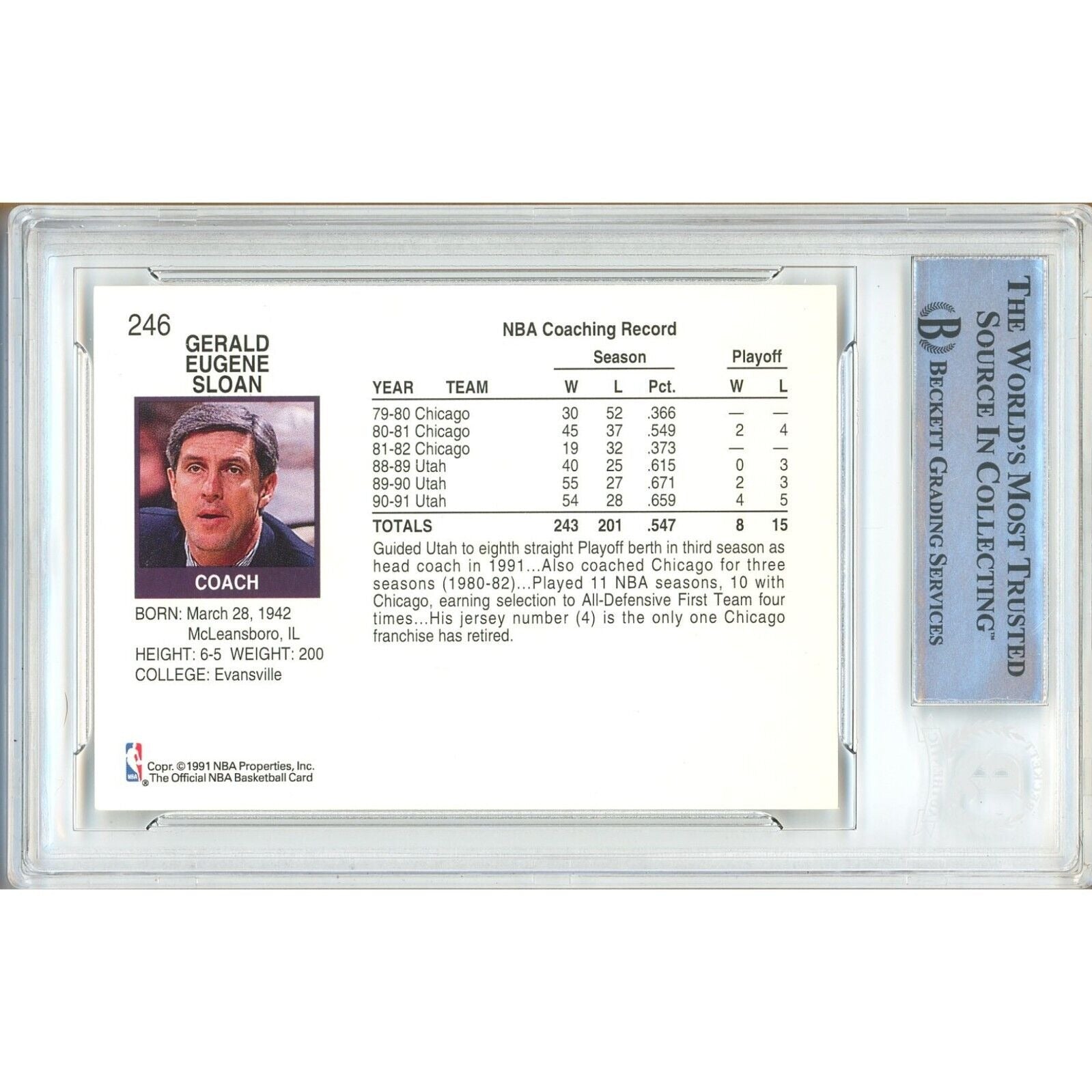 Jerry Sloan Utah Jazz signed trading card – signature close-up – Beckett COA