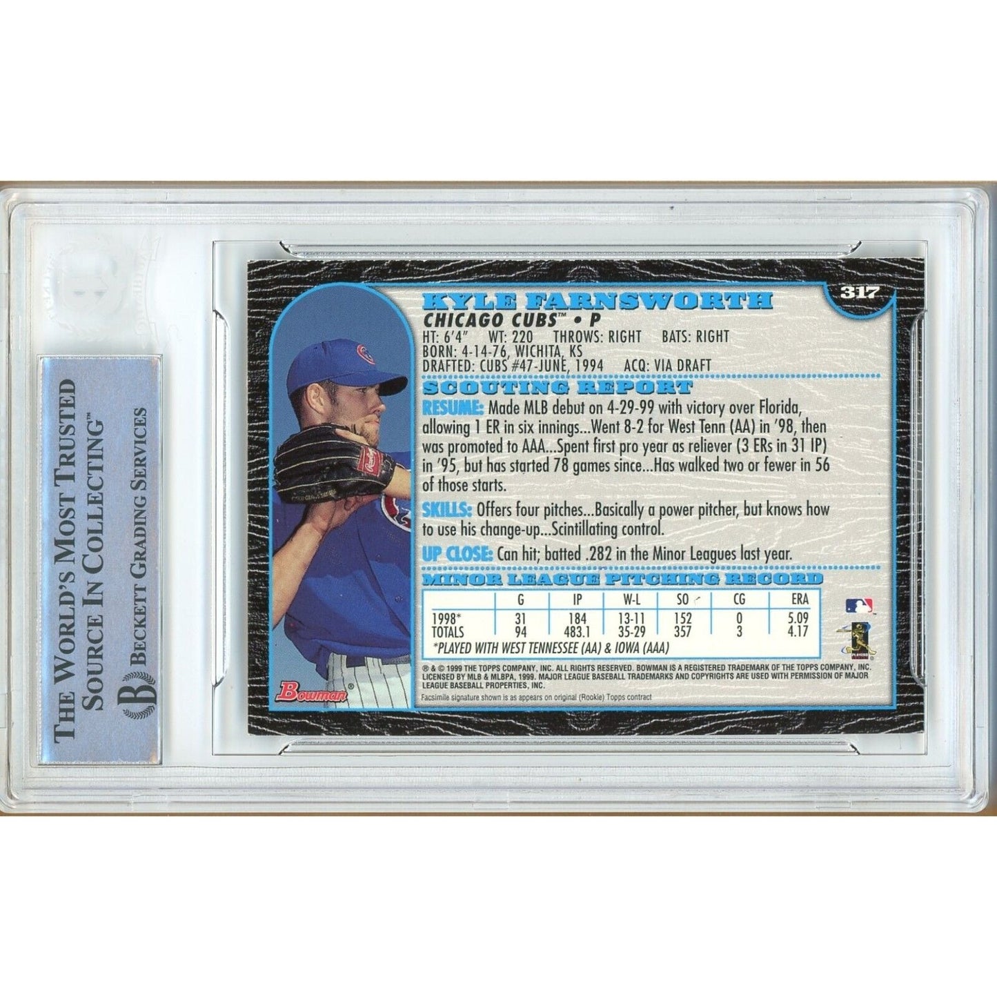 Baseballs- Autographed- Kyle Farnsworth Chicago Cubs Signed 1999 Bowman International Baseball Card Beckett Authentic Auto Slab Back