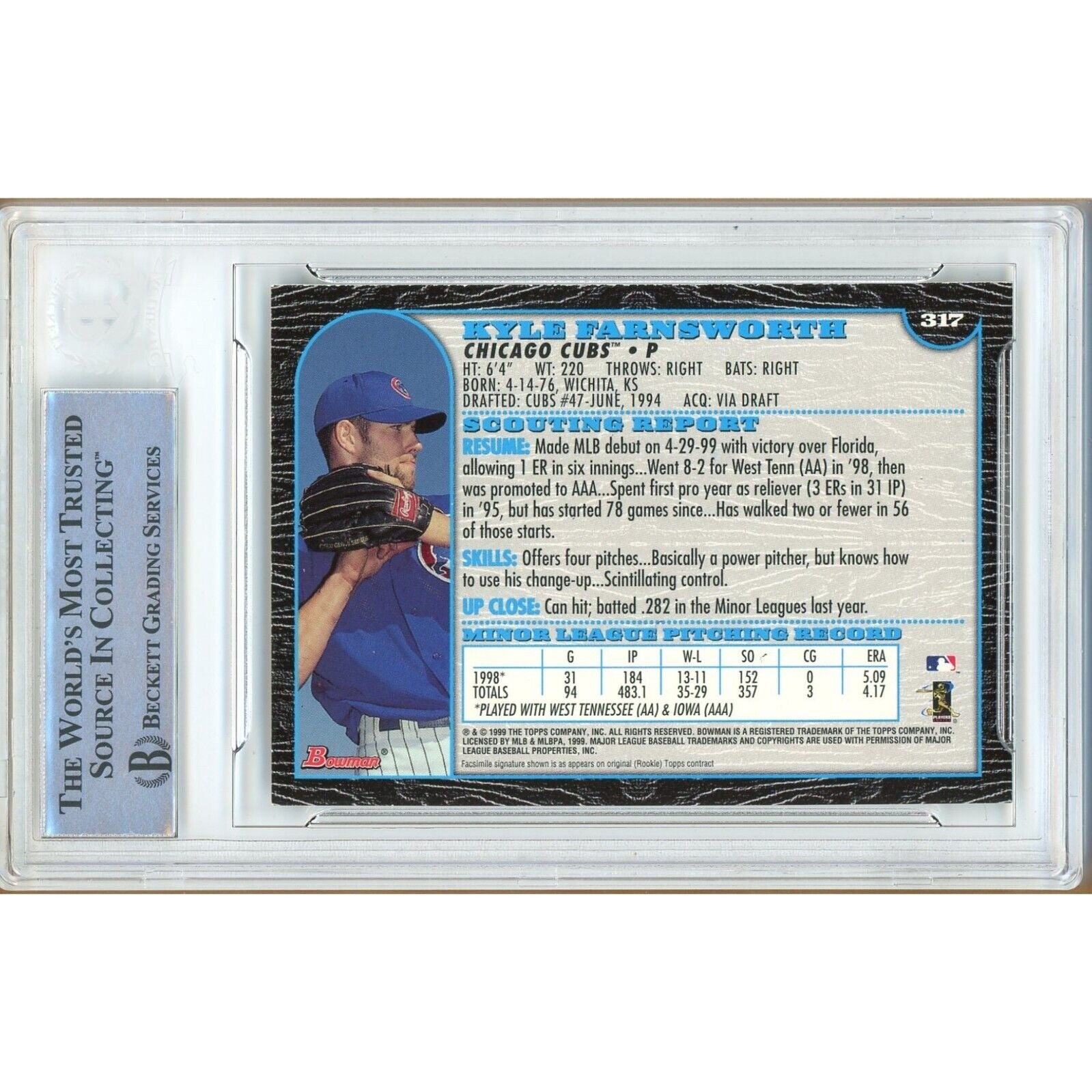 Kyle Farnsworth Chicago Cubs signed trading card – signature close-up – Beckett COA