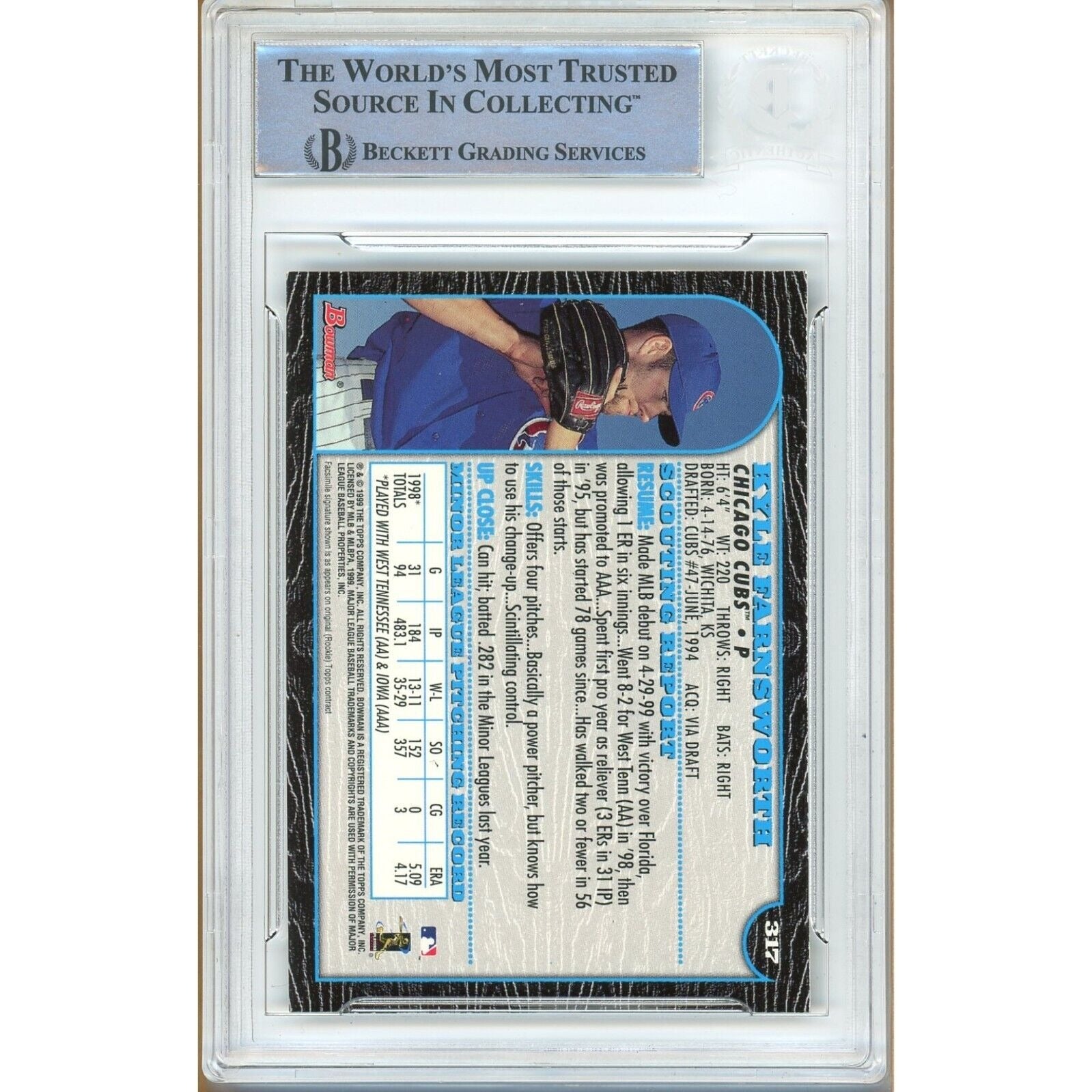 1999 Bowman #TE Kyle Farnsworth Chicago Cubs Autograph Trading Card – Beckett BAS.