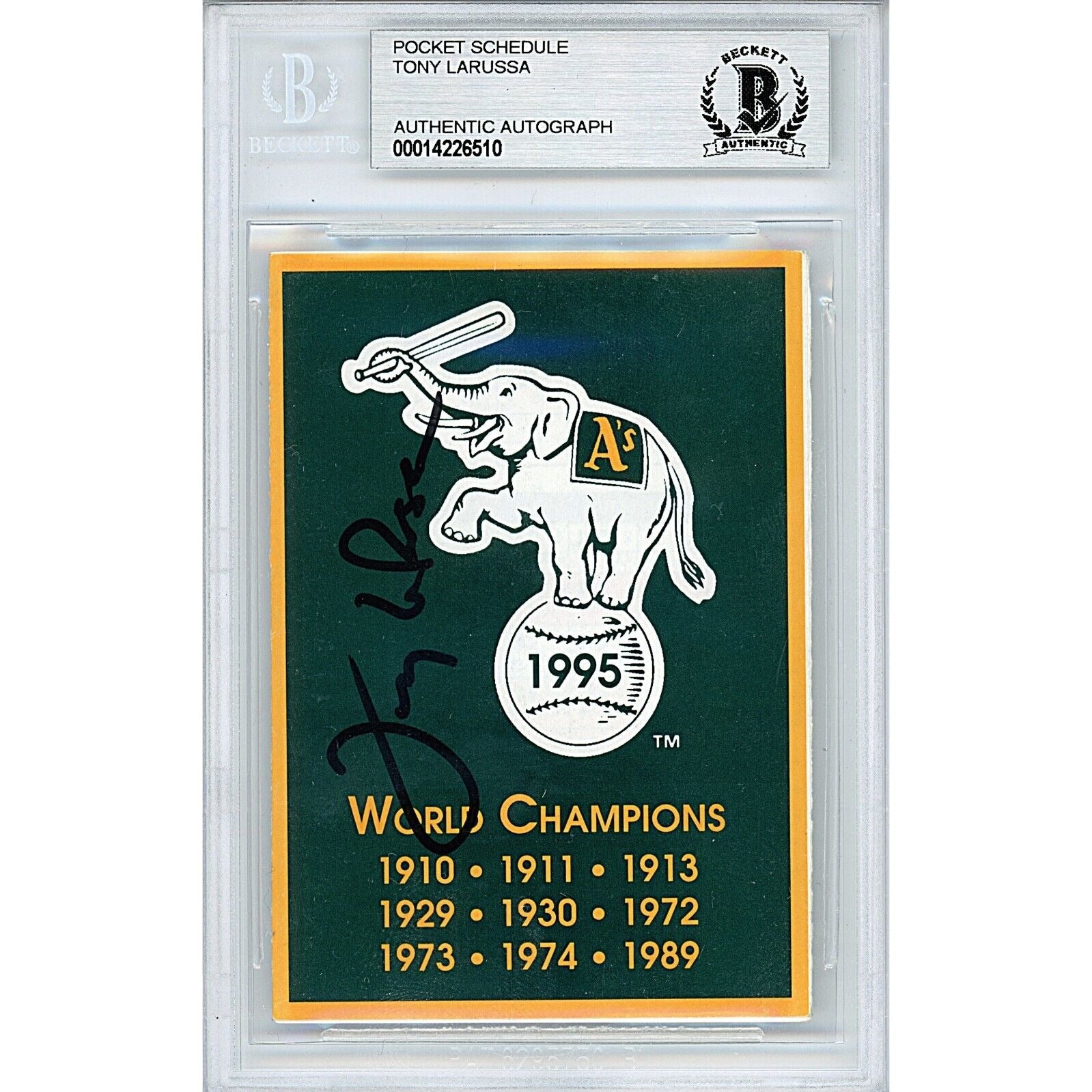 Baseballs- Autographed- Tony LaRussa Signed Oakland Athletics 1995 Season Pocket Schedule Beckett Authentic Auto Slab Front