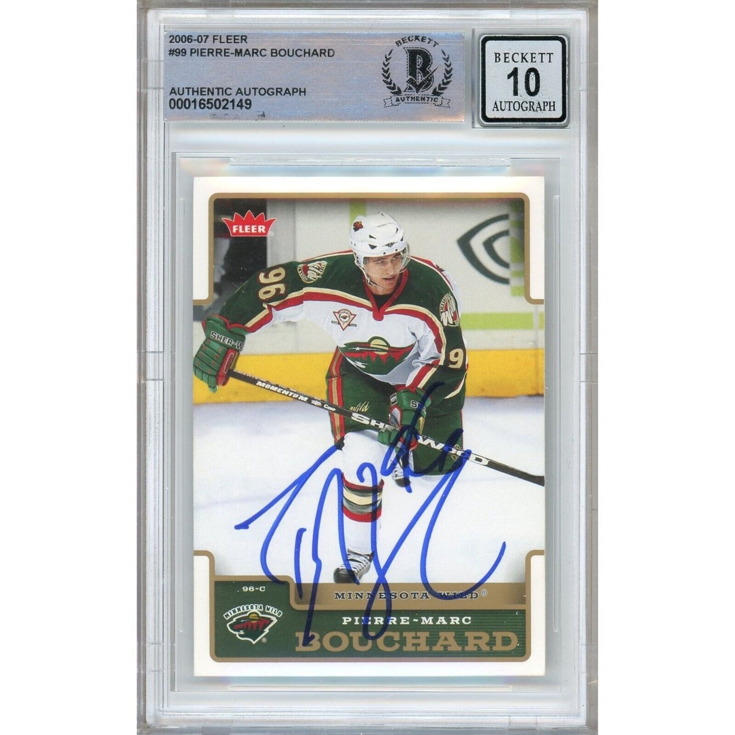 Hockey- Autographed- Pierre-Marc Bouchard Minnesota Wild Signed 2006-07 Fleer Hockey Card Beckett Authentic BGS Auto-10 Graded Slab Front