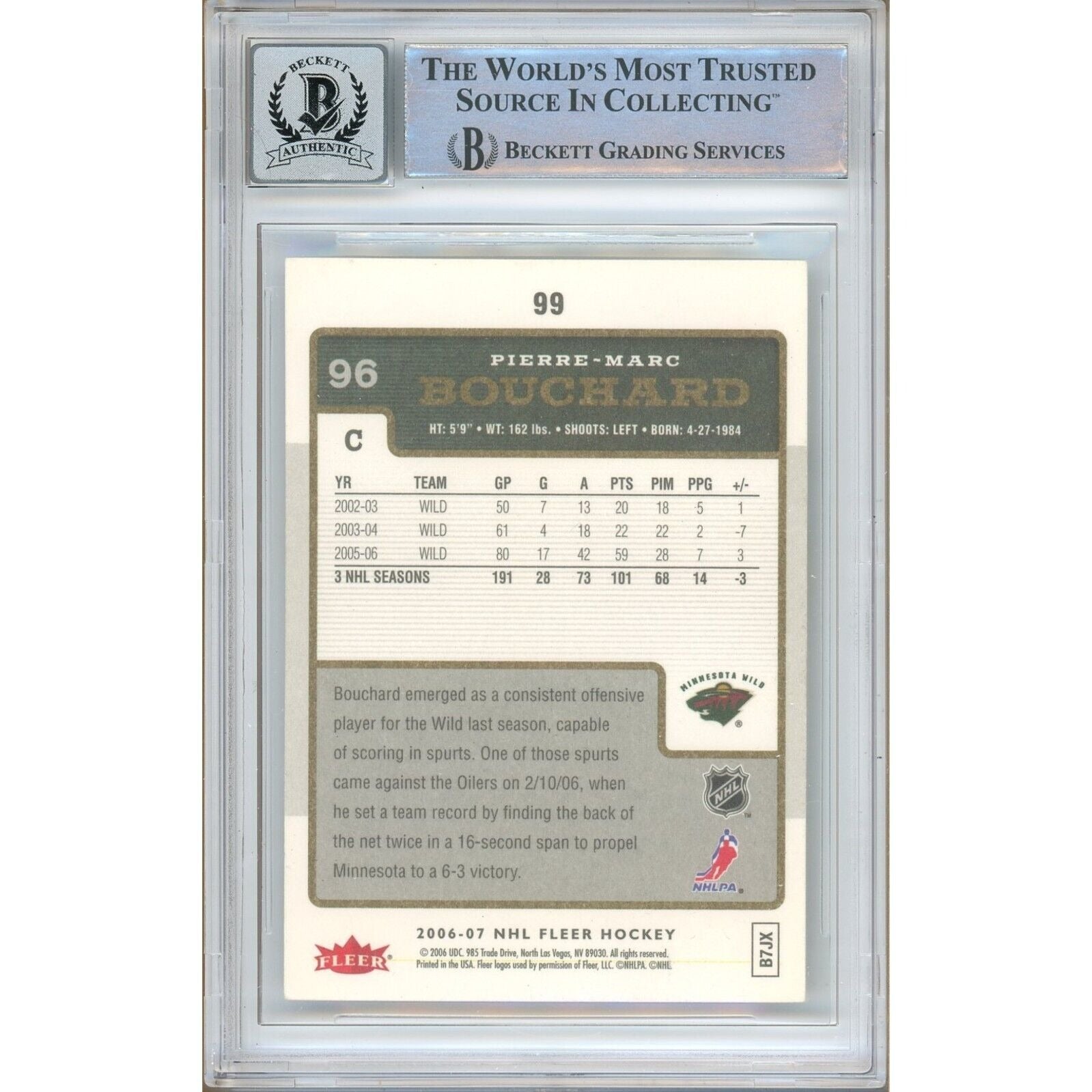 Pierre-Marc Bouchard Minnesota Wild signed trading card – signature close-up – Beckett COA