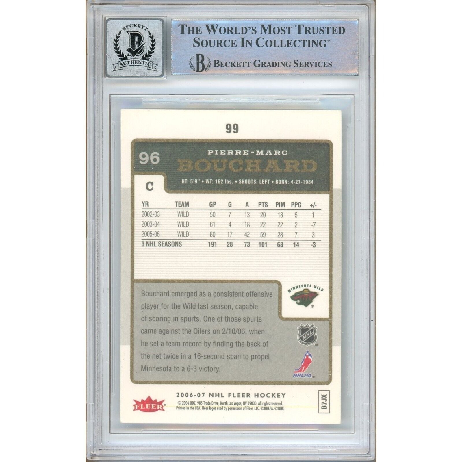 Hockey- Autographed- Pierre-Marc Bouchard Minnesota Wild Signed 2006-07 Fleer Hockey Card Beckett Authentic BGS Auto-10 Graded Slab Back