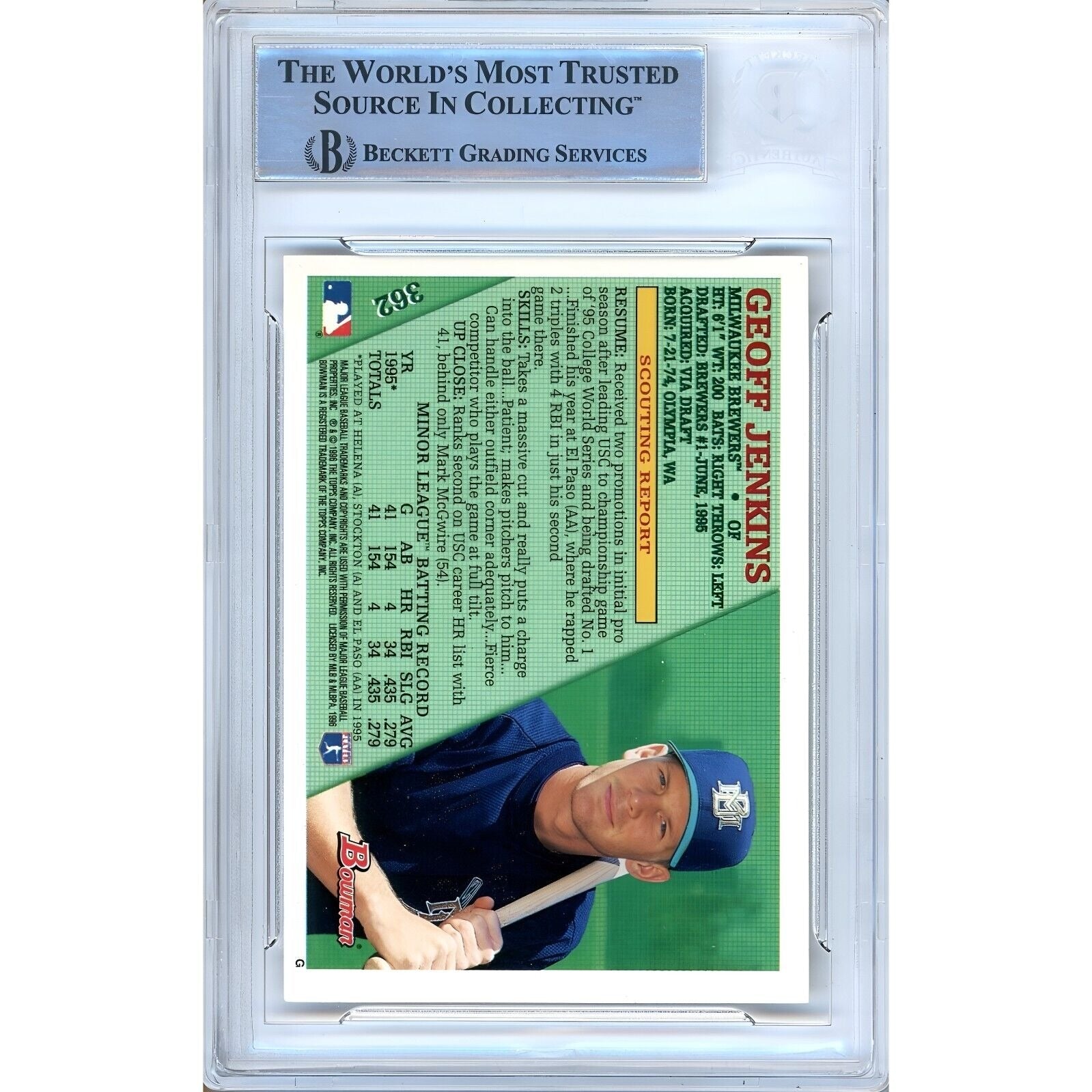 Geoff Jenkins Milwaukee Brewers auto trading card – authentication sticker – Beckett COA