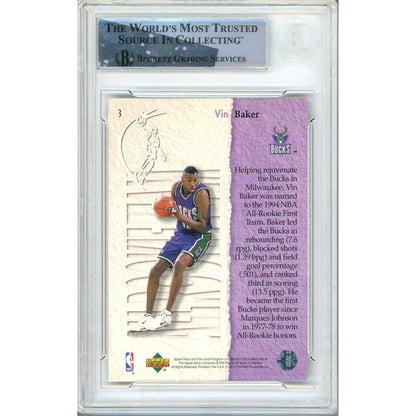 Basketballs- Autographed- Vin Baker Milwaukee Bucks Signed 1994-95 Upper Deck All Rookie Team Trading Card Beckett Authentic Auto Slab Back