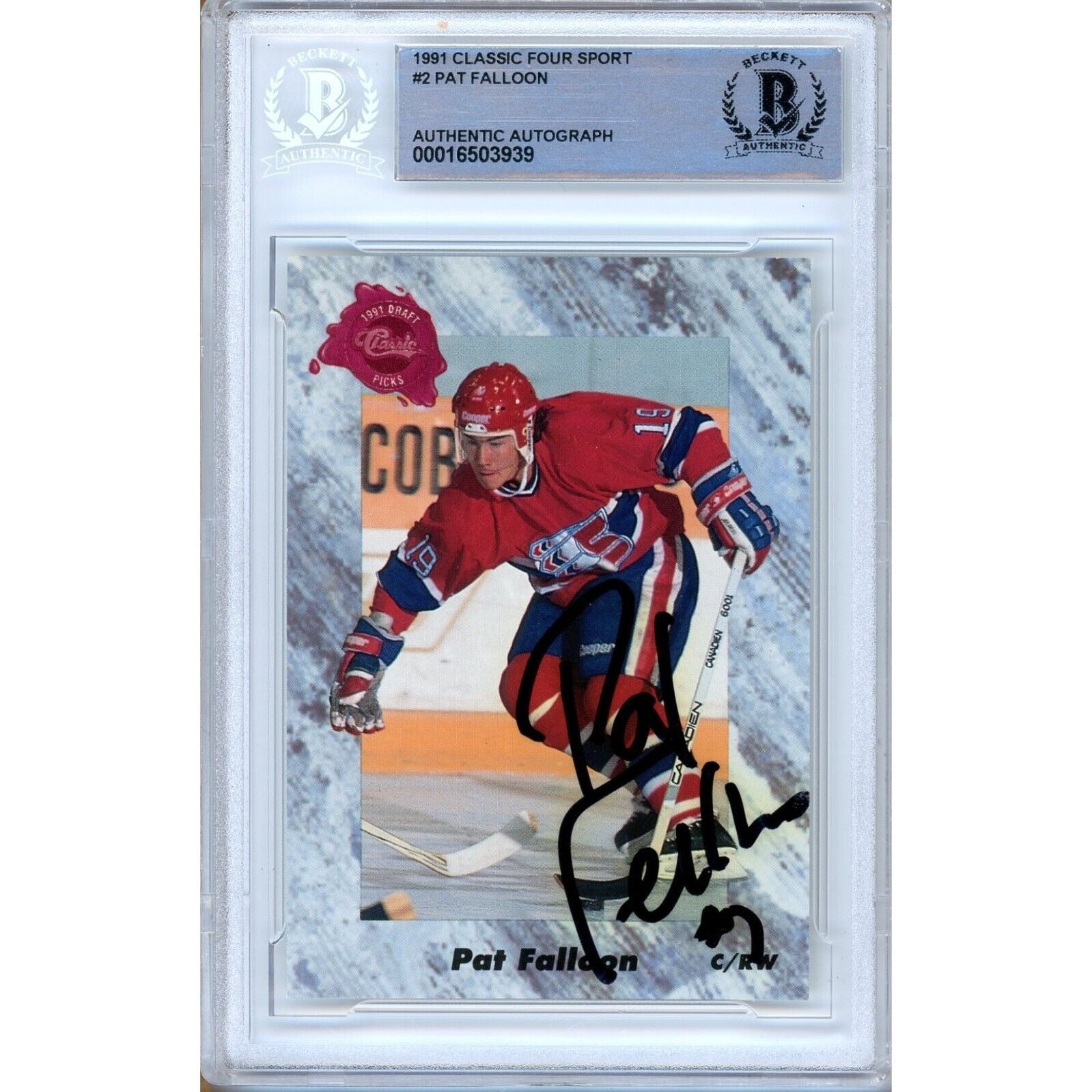Pat Falloon San Jose Sharks autographed trading card – full view – Beckett COA