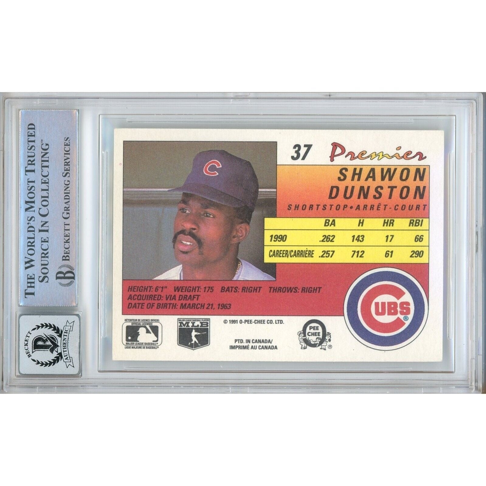 Shawon Dunston Chicago Cubs signed trading card – signature close-up – Beckett COA