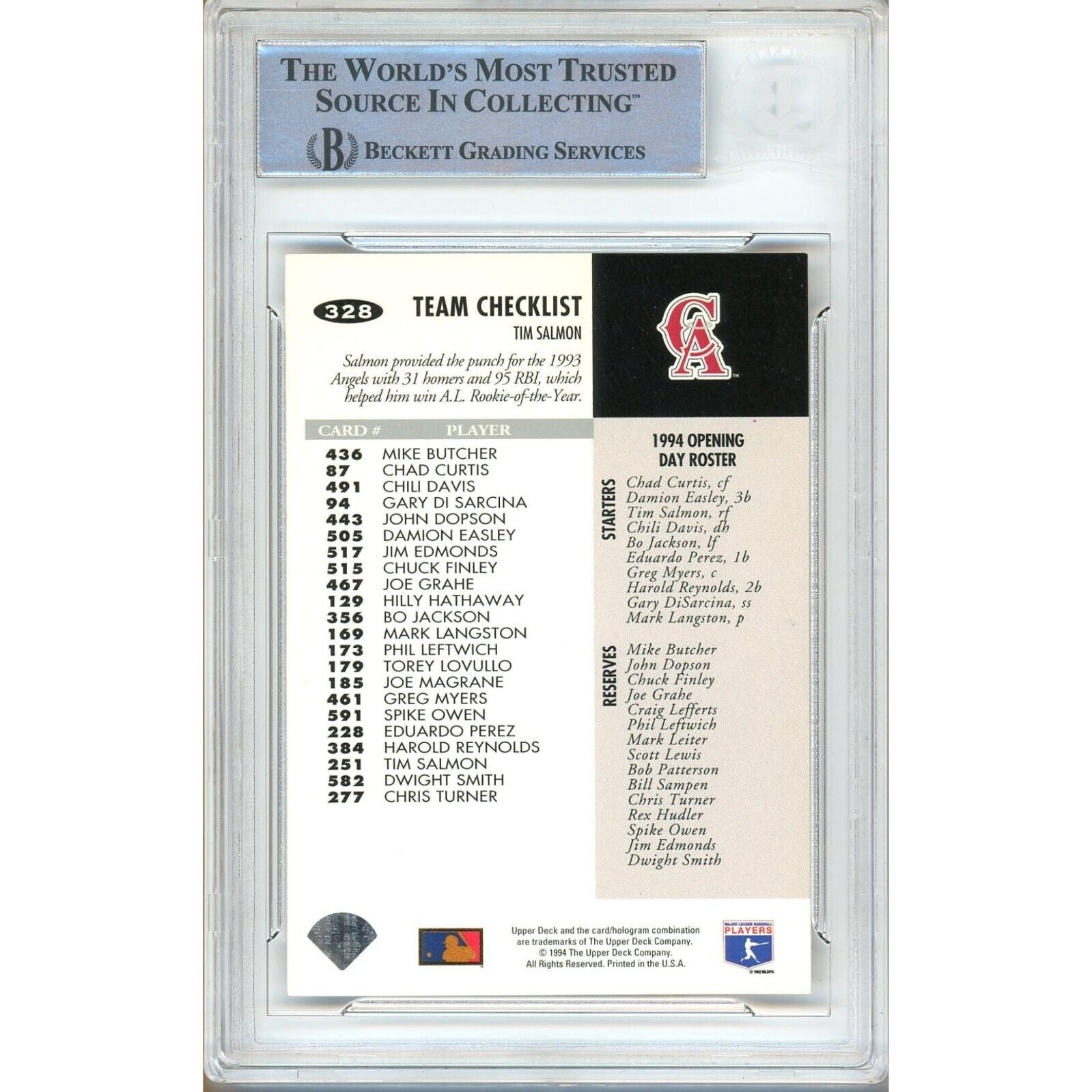 Tim Salmon La Angels auto trading card – authentication sticker – Beckett COA
