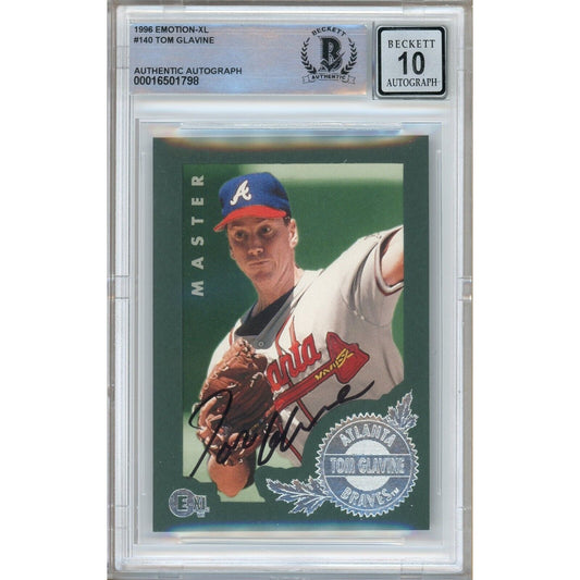 Baseballs- Autographed- Tom Glavine Atlanta Braves Signed 1996 Skybox Emotion-XL Trading Card Beckett Authentic BGS Auto-10 Graded Slab Front