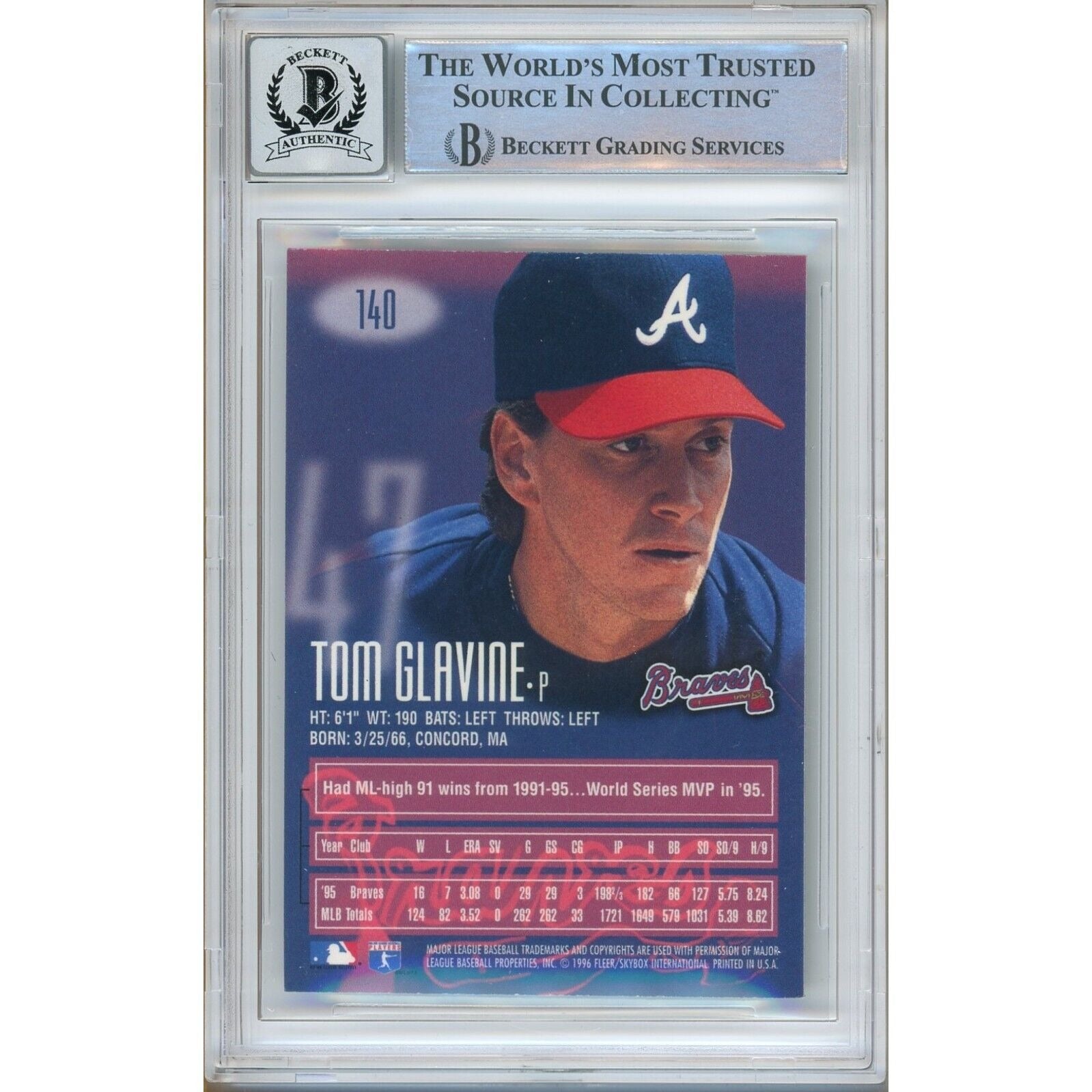 Baseballs- Autographed- Tom Glavine Atlanta Braves Signed 1996 Skybox Emotion-XL Trading Card Beckett Authentic BGS Auto-10 Graded Slab Back