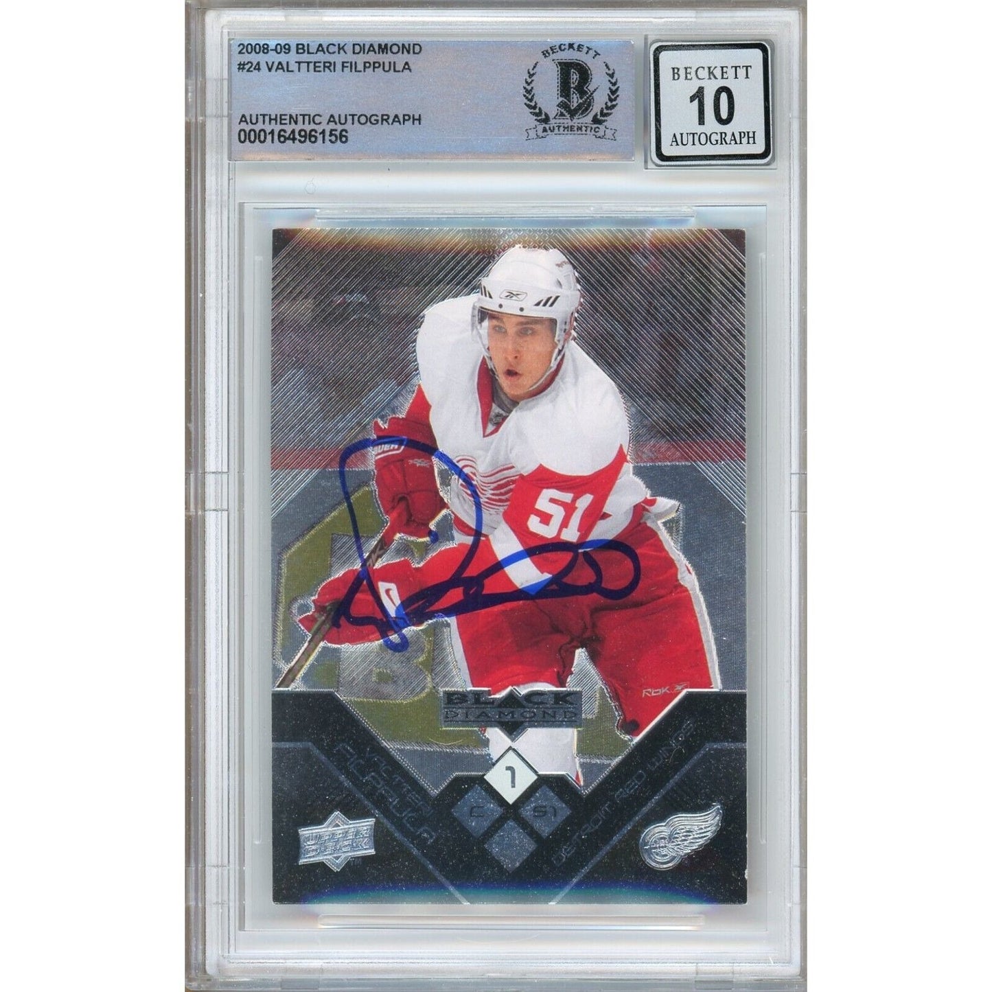 Hockey- Autographed- Valtteri Filppula Detroit Red Wings Signed 2008-09 Upper Deck Black Diamond Trading Card Beckett Authentic BGS Auto-10 Graded Slab Front