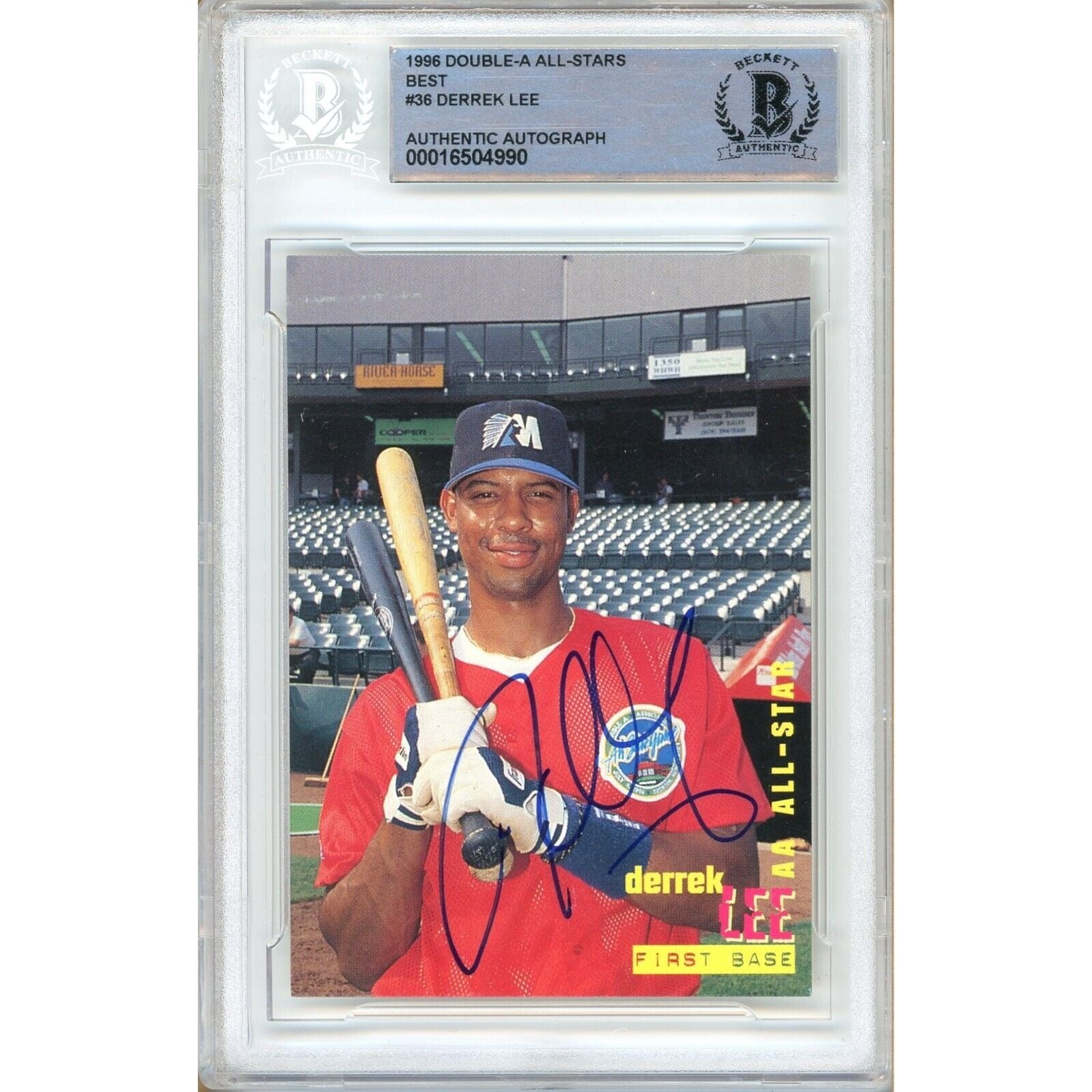 Baseballs- Autographed- Derrek Lee Chicago Cubs Signed 1996 Double-A All Stars Team Best Baseball Card Beckett Authentic Auto Slab Front