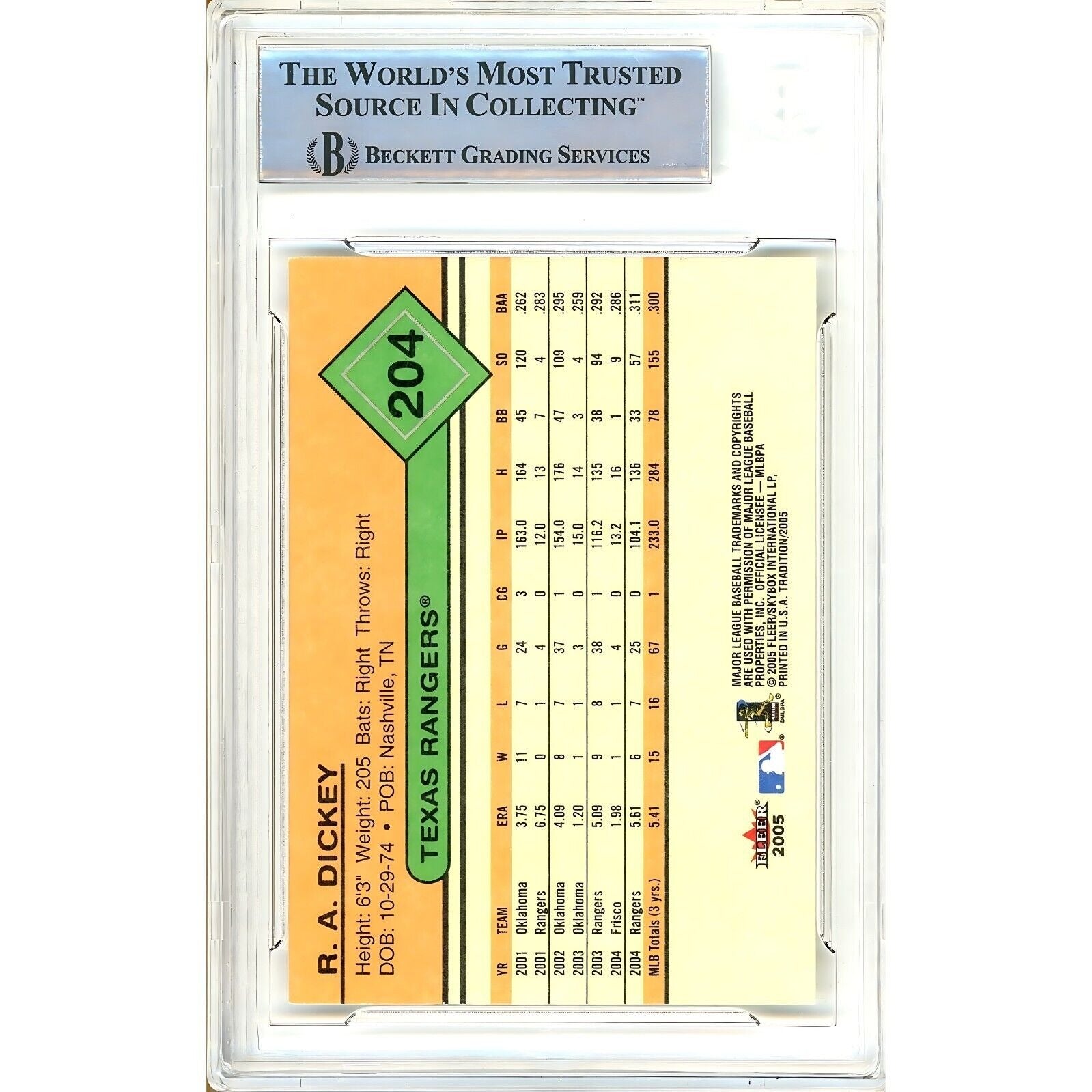 Dickey Texas Rangers Signed Autograph Trading Card Beckett BAS