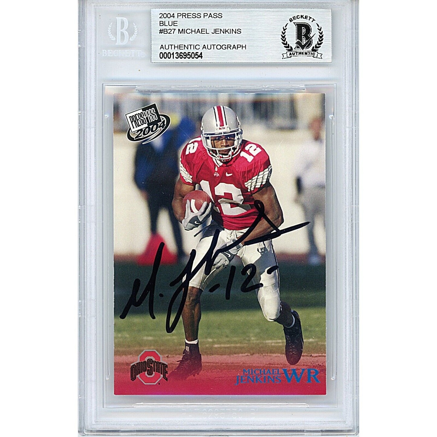 Footballs- Autographed- Michael Jenkins Ohio State Buckeyes Signed 2004 Press Pass Blue Football Rookie Card Beckett Authentic Auto Slab Front