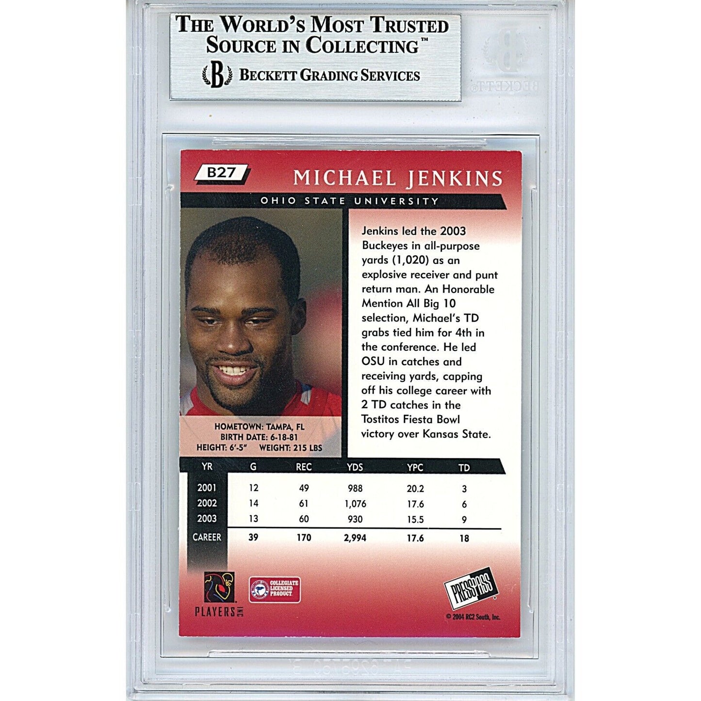 Footballs- Autographed- Michael Jenkins Ohio State Buckeyes Signed 2004 Press Pass Blue Football Rookie Card Beckett Authentic Auto Slab Back