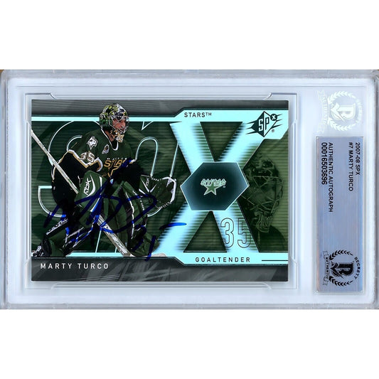 Hockey- Autographed- Marty Turco Dallas Stars Signed 2007-08 Upper Deck SPx Hockey Card Beckett Authentic Auto Slab Front