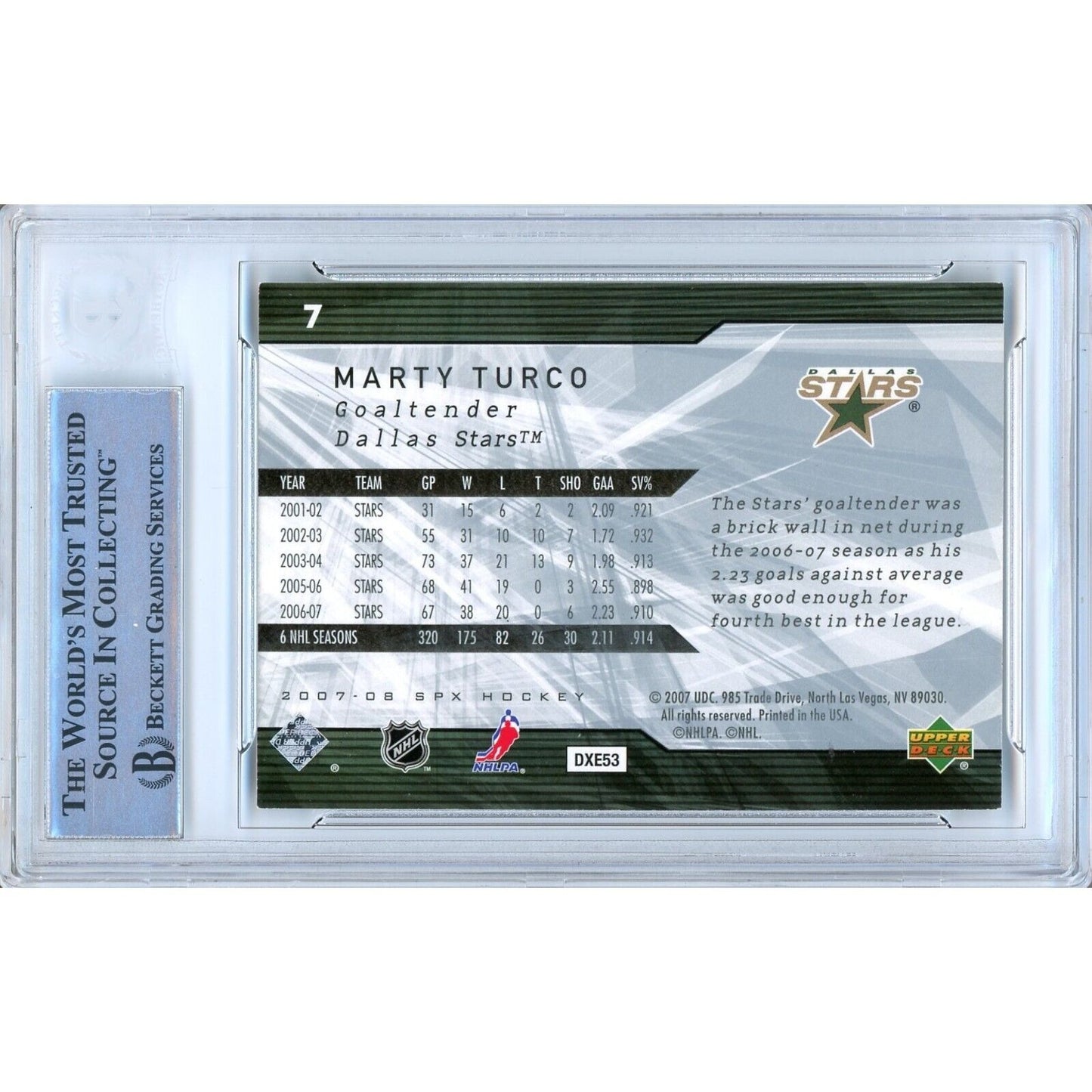 Hockey- Autographed- Marty Turco Dallas Stars Signed 2007-08 Upper Deck SPx Hockey Card Beckett Authentic Auto Slab Back