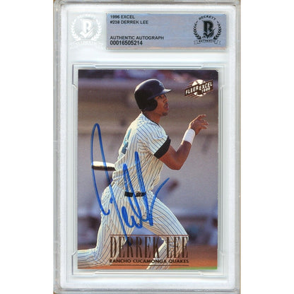 Baseballs- Autographed- Derrek Lee Chicago Cubs Signed 1996 Fleer Excel Rookie Baseball Card Beckett Authentic Auto Slab Front