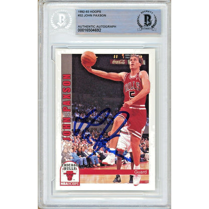 Basketballs- Autographed- John Paxson Chicago Bulls Signed 1992-93 NBA Hoops Basketball Card Beckett Authentic Auto Slab Front