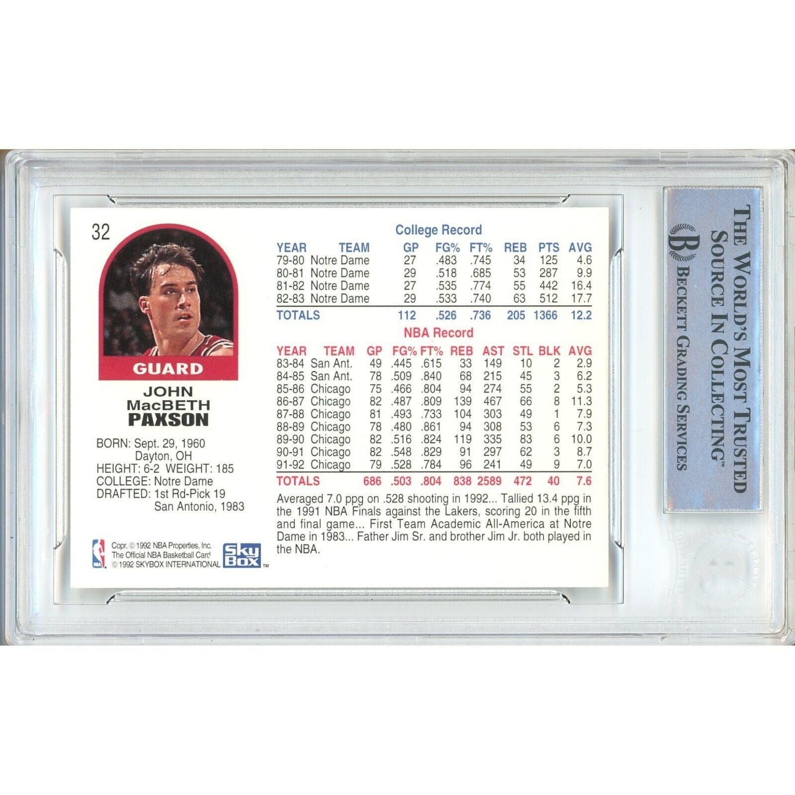 John Paxson Chicago Bulls signed trading card – signature close-up – Beckett COA