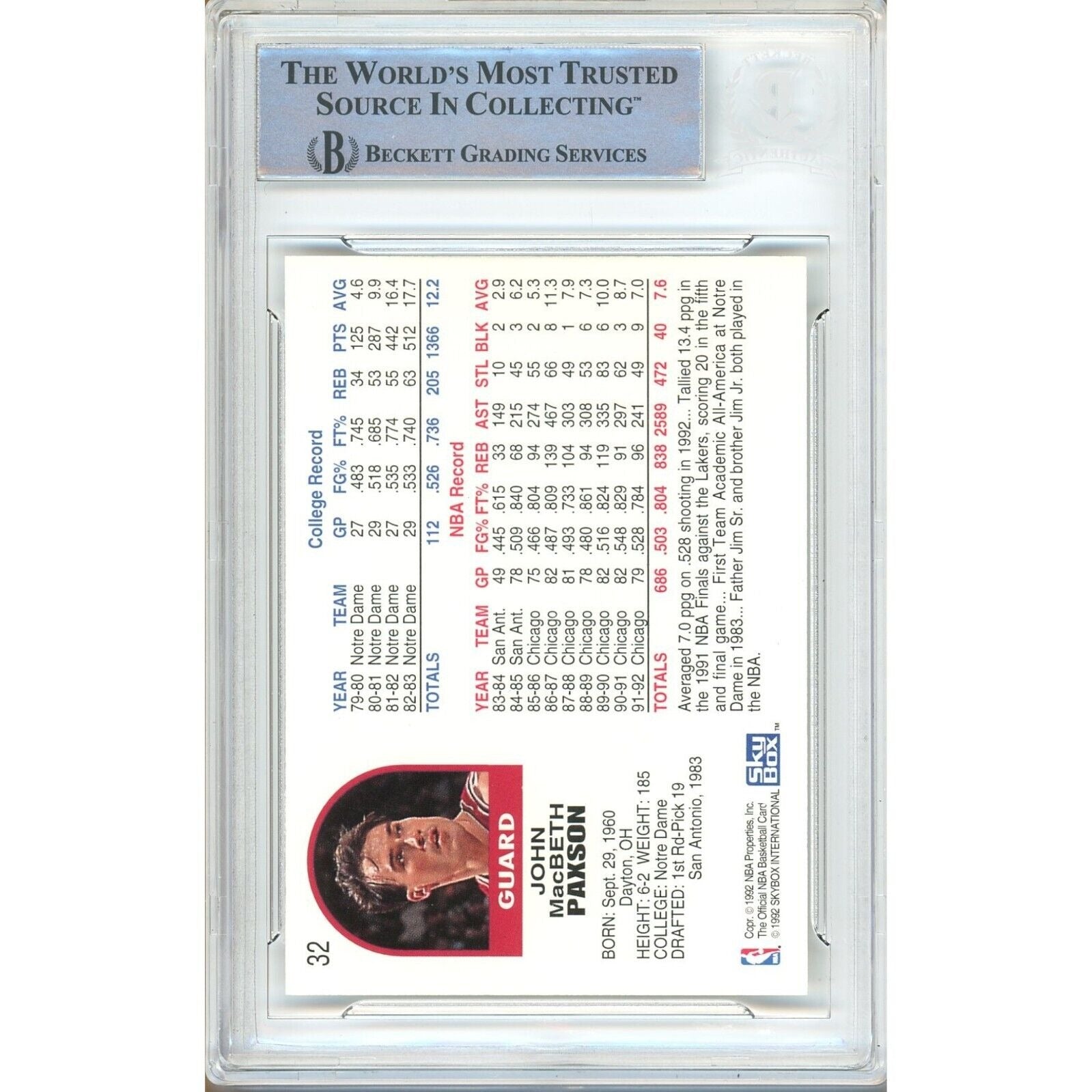 John Paxson Chicago Bulls Autographed Autograph Trading Card Beckett BAS