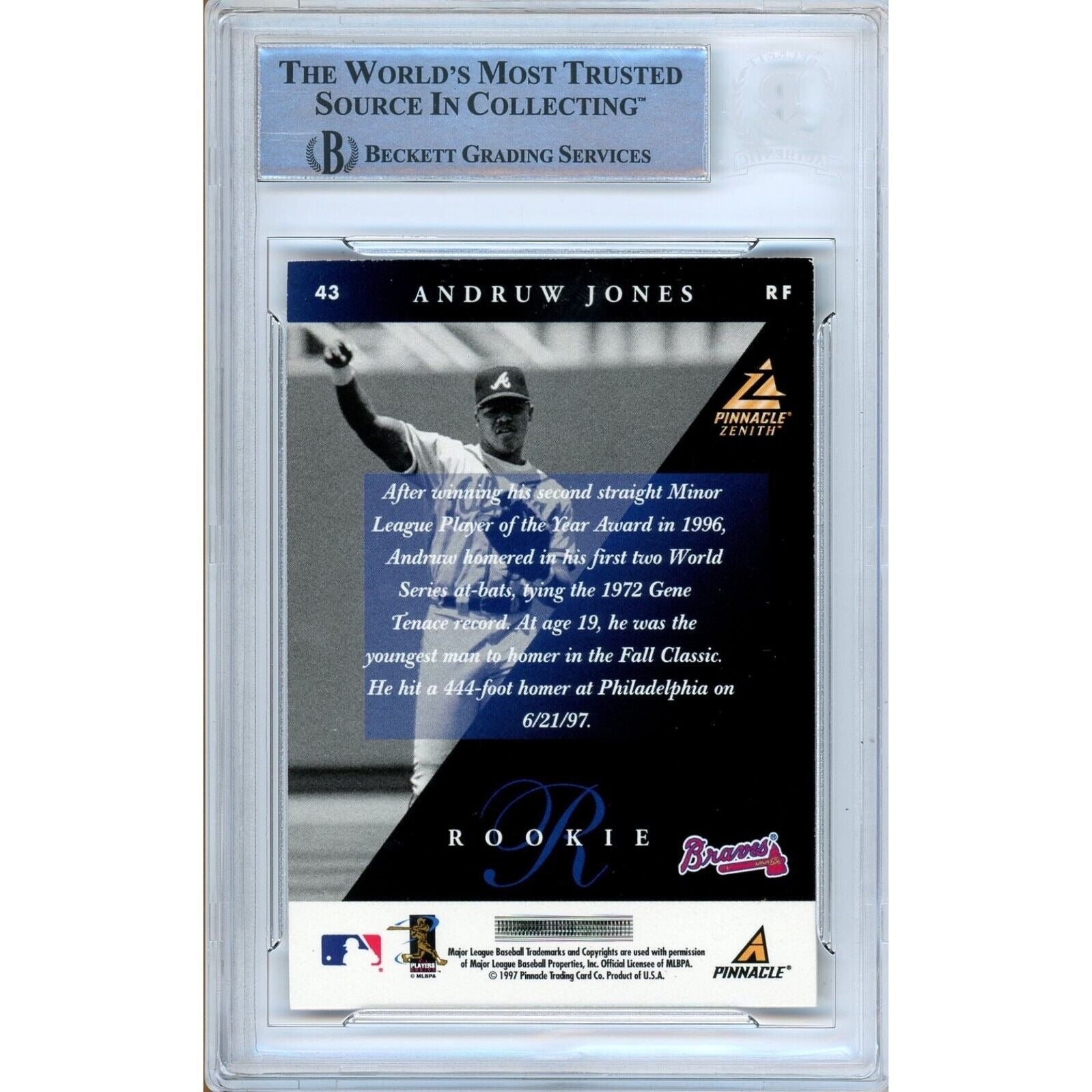 Baseballs- Autographed- Andruw Jones Atlanta Braves Signed 1997 Pinnacle Zenith Baseball Card Beckett Authentic Auto Slab Card