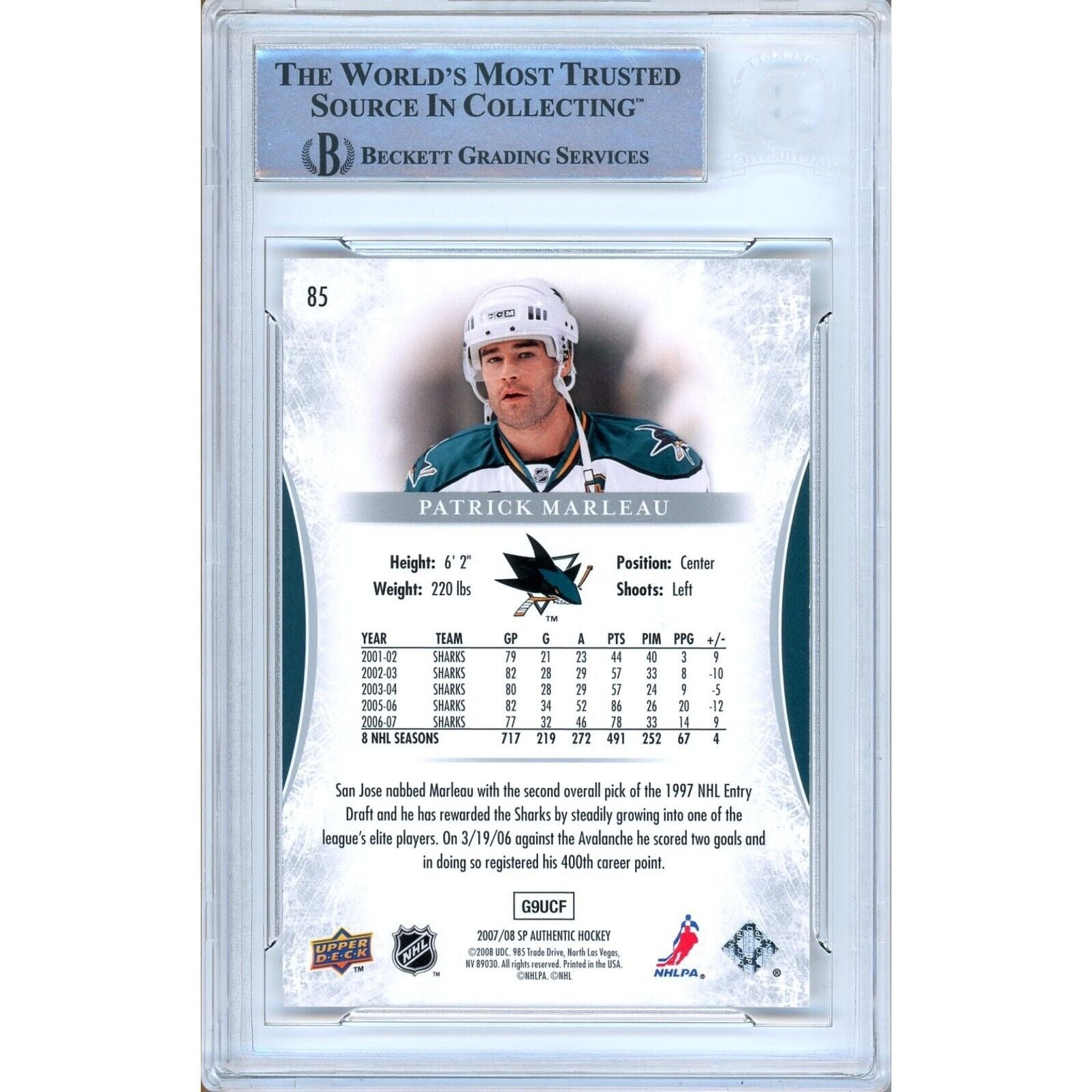 Hockey- Autographed- Patrick Marleau San Jose Sharks Signed 2007-08 Upper Deck SP Authentic Hockey Card Beckett Auth Auto Slab Back