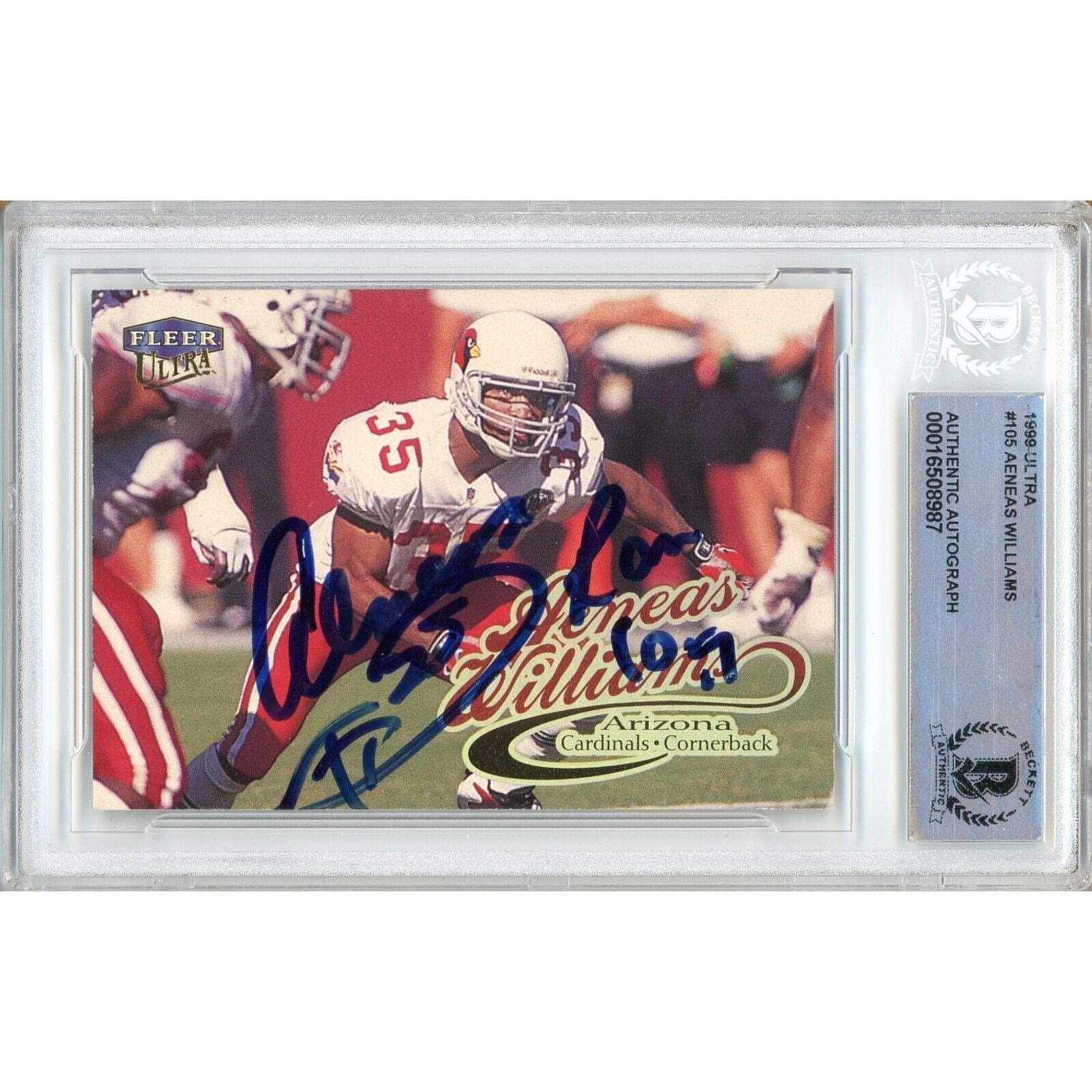 Footballs- Autographed- Aeneas Williams AZ Cardinals Signed 1999 Fleer Ultra Football Card Beckett Authentic Auto Slab Front