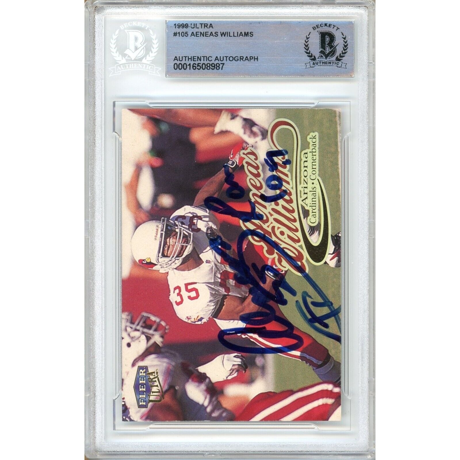 1999 Fleer Aeneas Williams Arizona Cardinals Signed Trading Card – Beckett BAS
