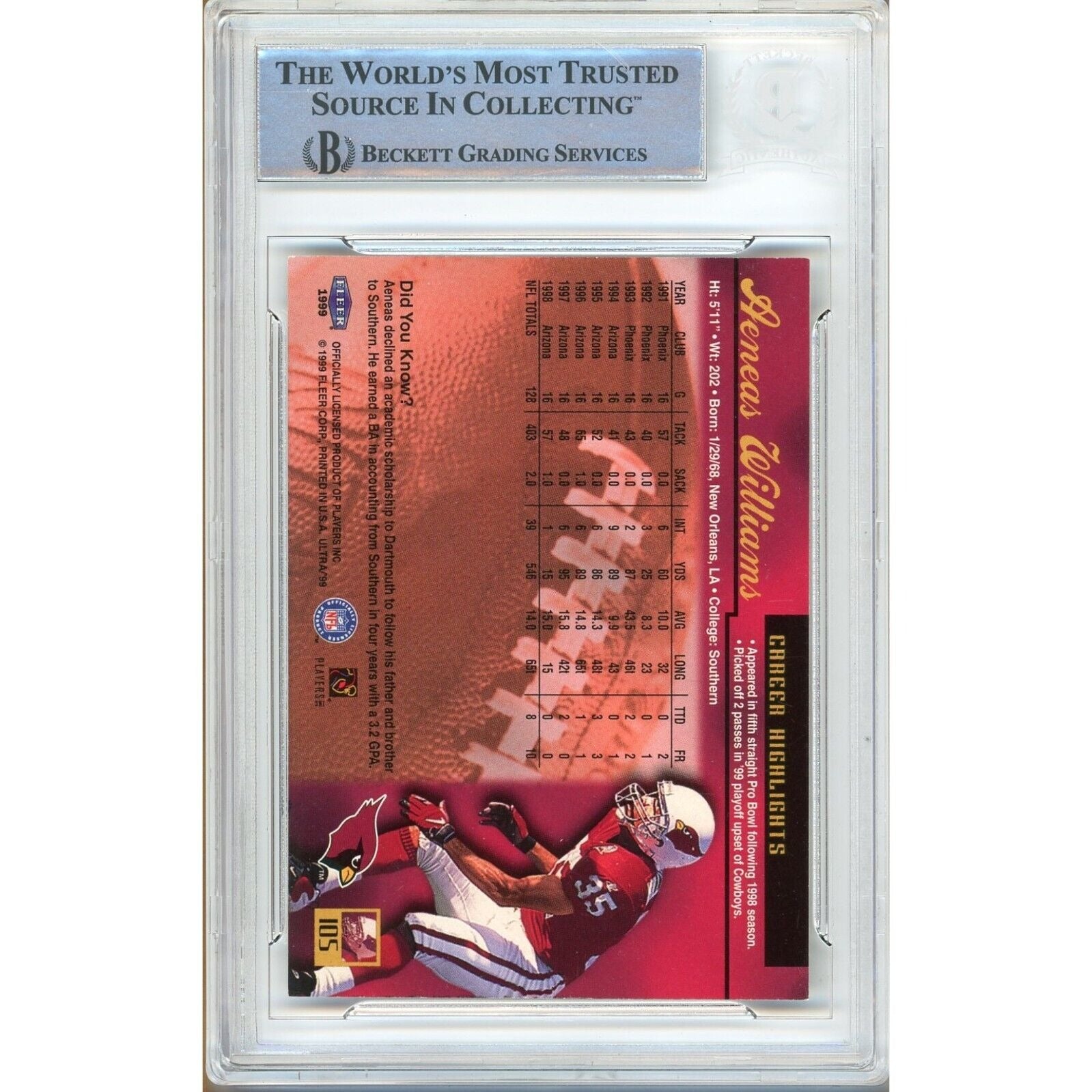 Aeneas Williams Fleer Ultra Auto Trading Card Beckett BAS