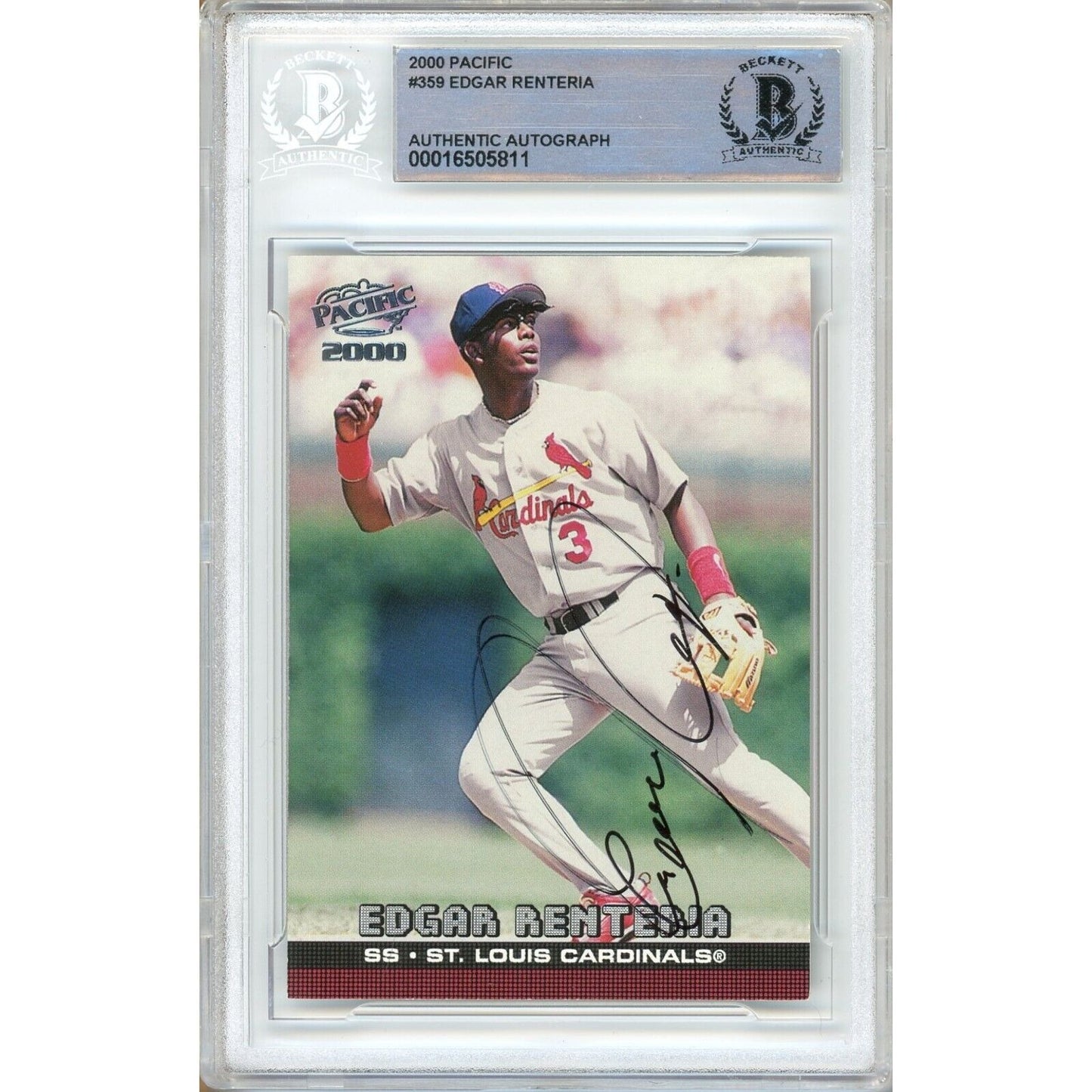 Baseballs- Autographed- Edgar Renteria St Louis Cardinals Signed 2000 Pacific Baseball Card Beckett Authentic Auto Slab Front