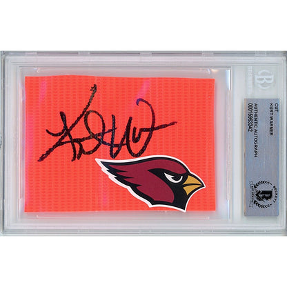 Footballs- Autographed- Kurt Warner Arizona Cardinals Signed Football End Zone Pylon Signature Cut Beckett Authentic Auto Slab Front