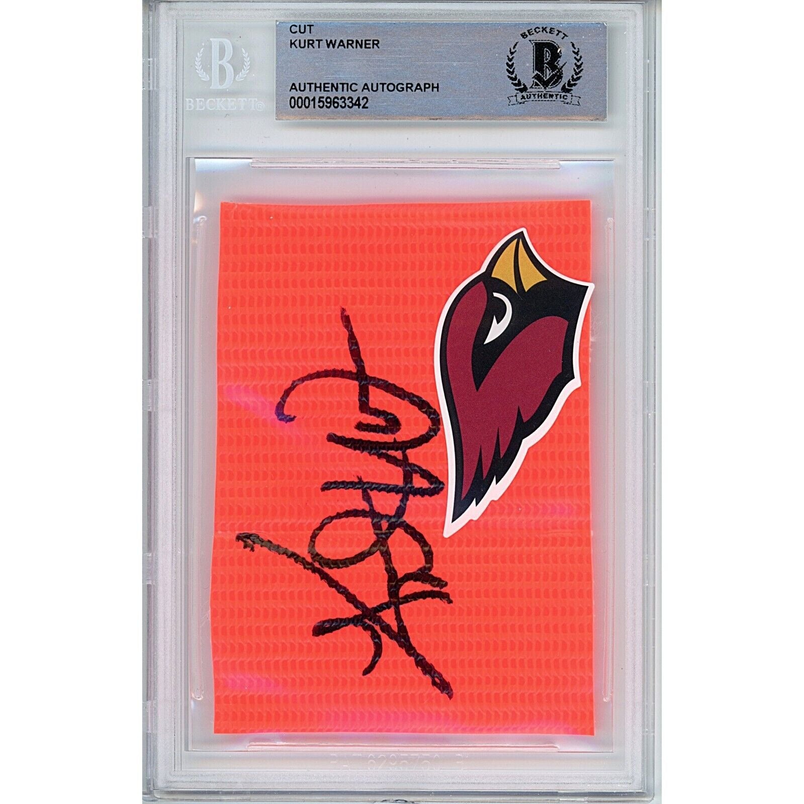 Kurt Warner Arizona Cardinals signed trading card – signature close-up – Beckett COA