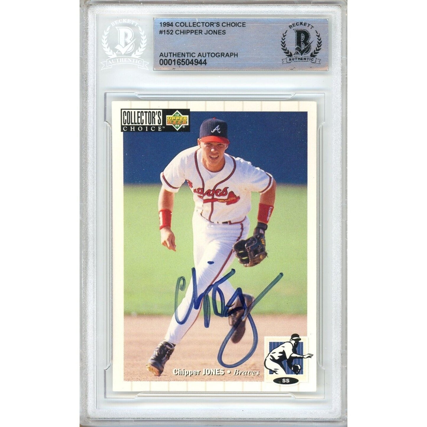 Baseballs- Autographed- Chipper Jones Atlanta Braves Signed 1994 Collectors Choice Baseball Card Beckett Authentic Auto Slab Front